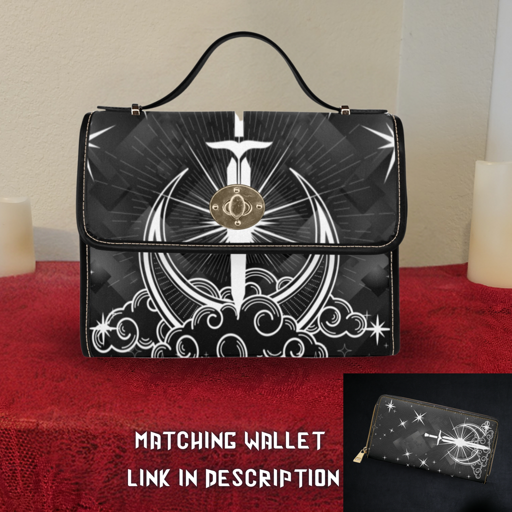 Gothic celestial sword crescent moon radiant rays clouds stars black white waterproof canvas handbag crossbody purse gold turn lock
