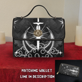 Gothic celestial sword crescent moon radiant rays clouds stars black white waterproof canvas handbag crossbody purse gold turn lock
