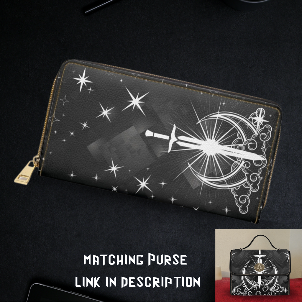 
Gothic celestial sword crescent moon radiant stars swirling clouds black faux leather zipper wallet gold hardware