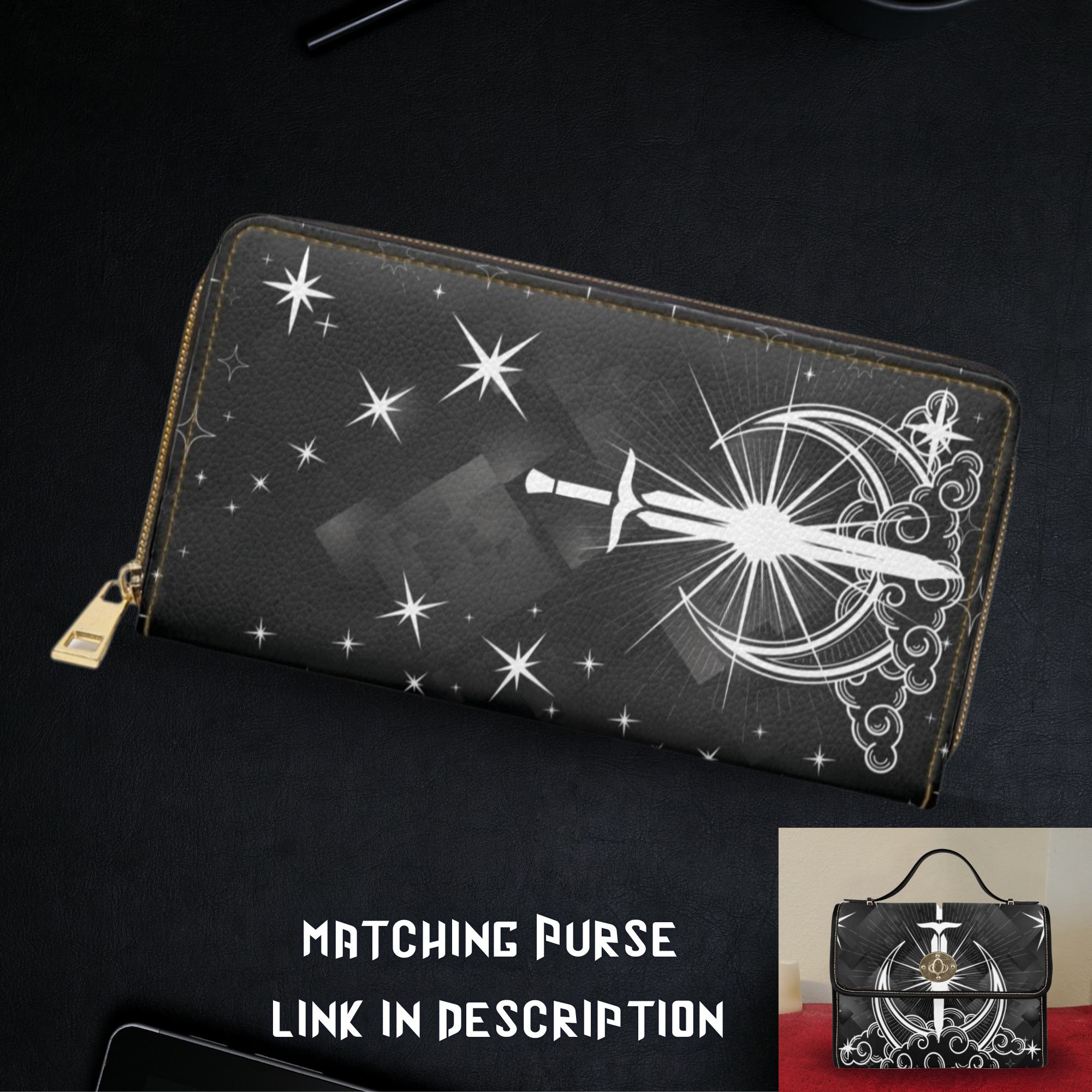
Gothic celestial sword crescent moon radiant stars swirling clouds black faux leather zipper wallet gold hardware