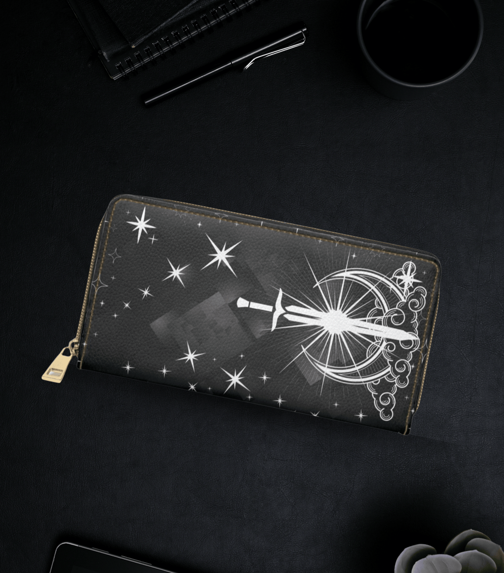 Gothic Celestial Sword Moon Wallet | Witchy Faux Leather Zipper Clutch