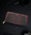 Gothic dark romance double heart red floral scrollwork black faux leather zipper wallet gold hardware