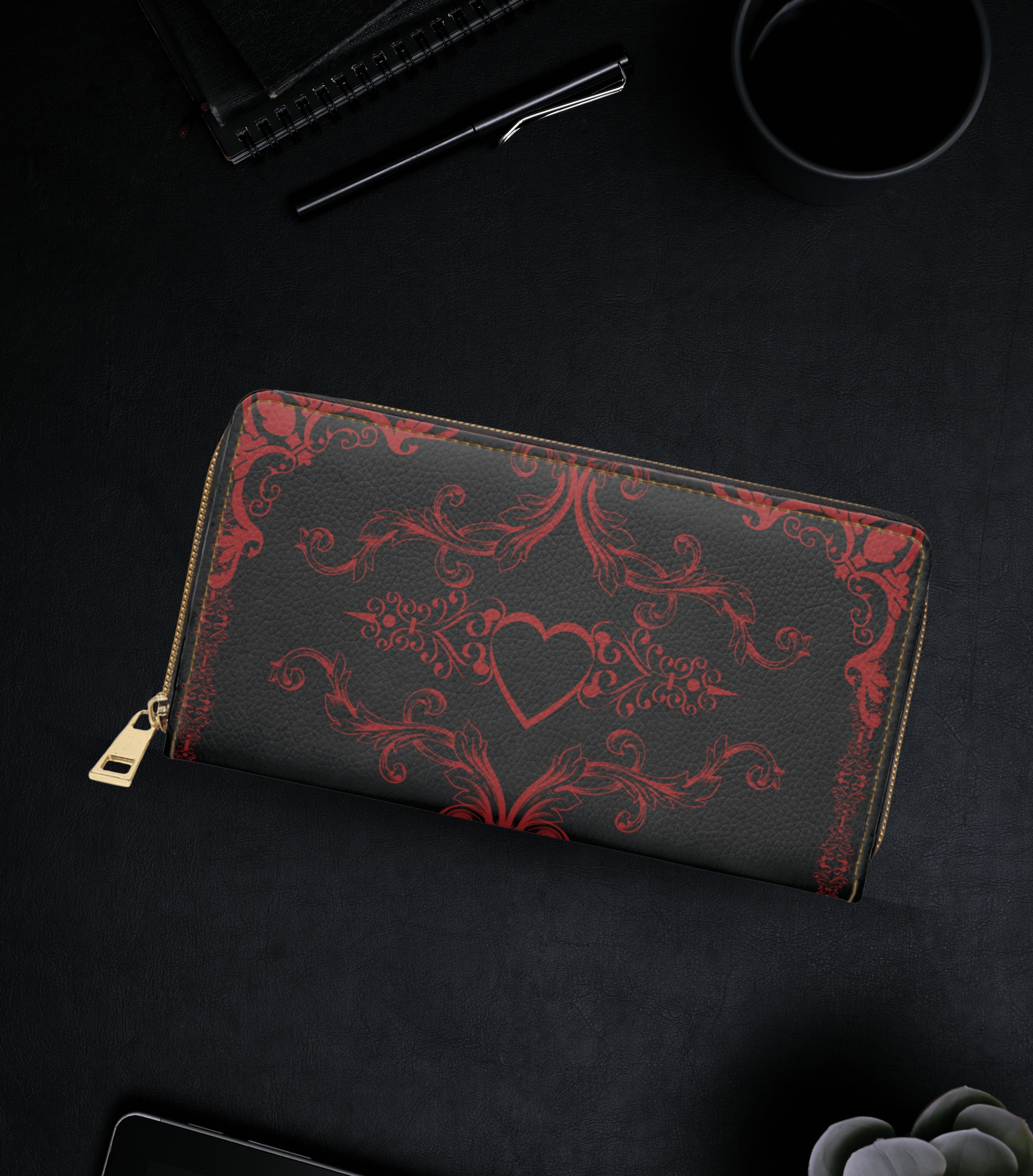Gothic dark romance double heart red floral scrollwork black faux leather zipper wallet gold hardware
