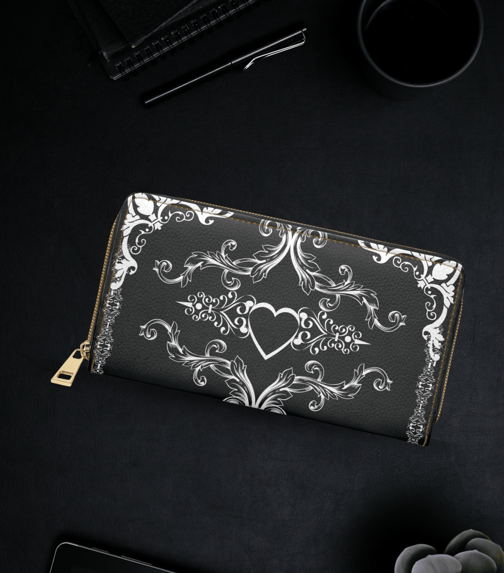 
Gothic floral heart white scrollwork vines black faux leather zipper wallet gold hardware dark academia