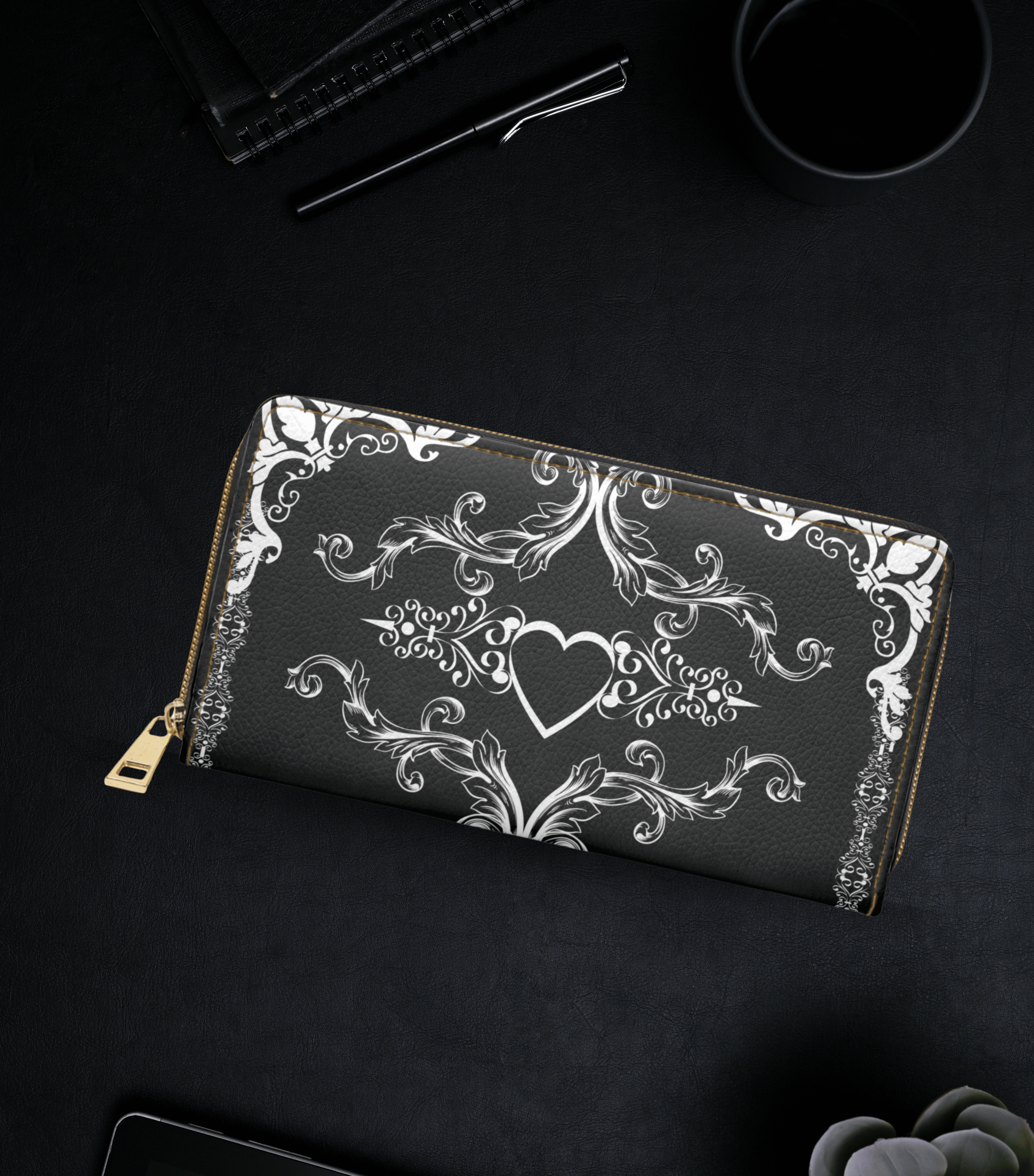 
Gothic floral heart white scrollwork vines black faux leather zipper wallet gold hardware dark academia