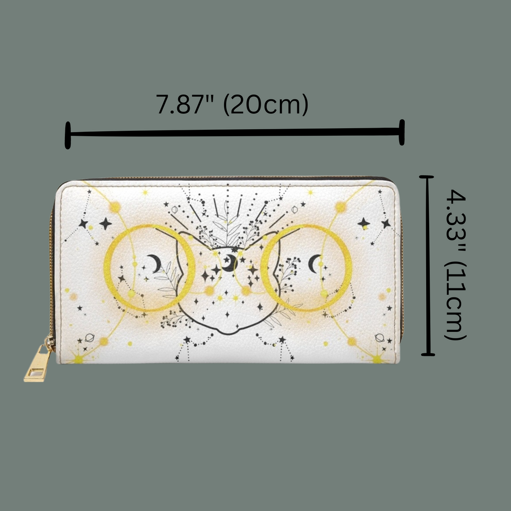 Celestial Cat Face Constellation Wallet | Witchy Faux Leather Zipper Clutch