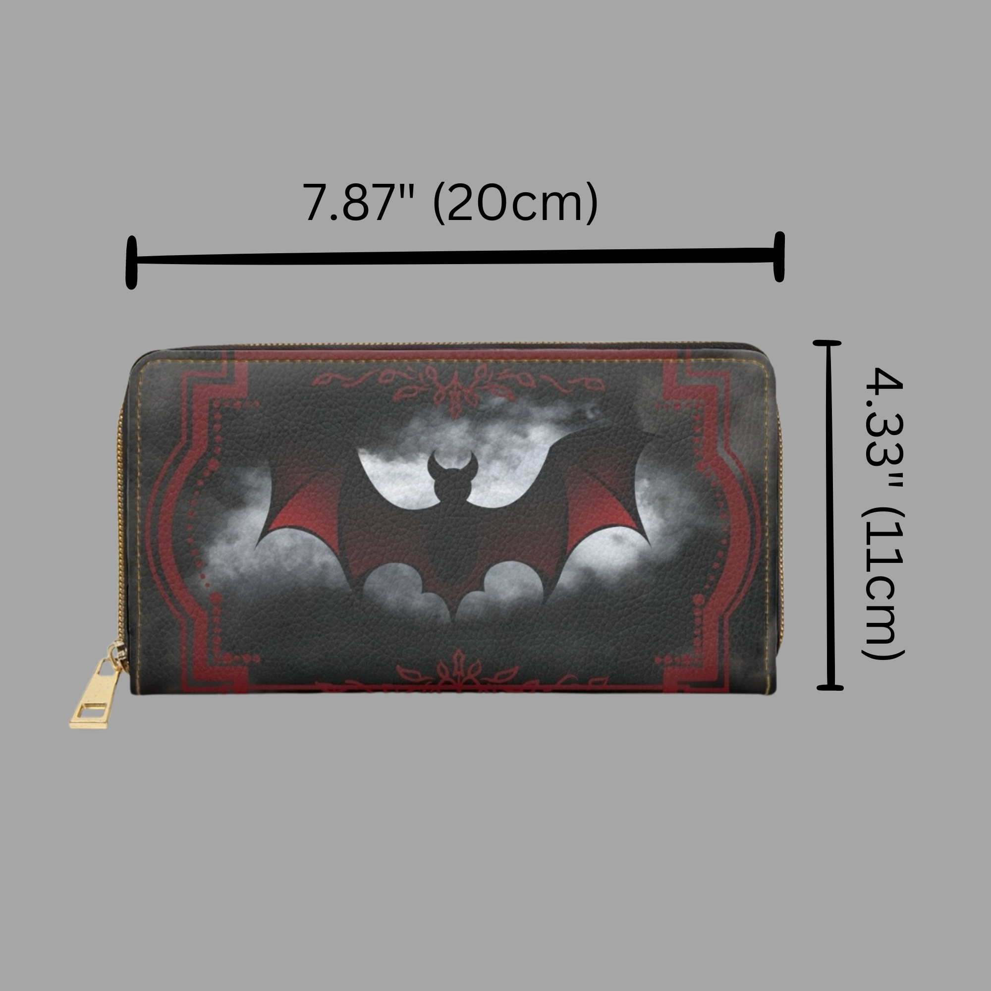 Gothic Red & Black Bat Wallet | Moonlit Vampire Bat Faux Leather Zipper Clutch