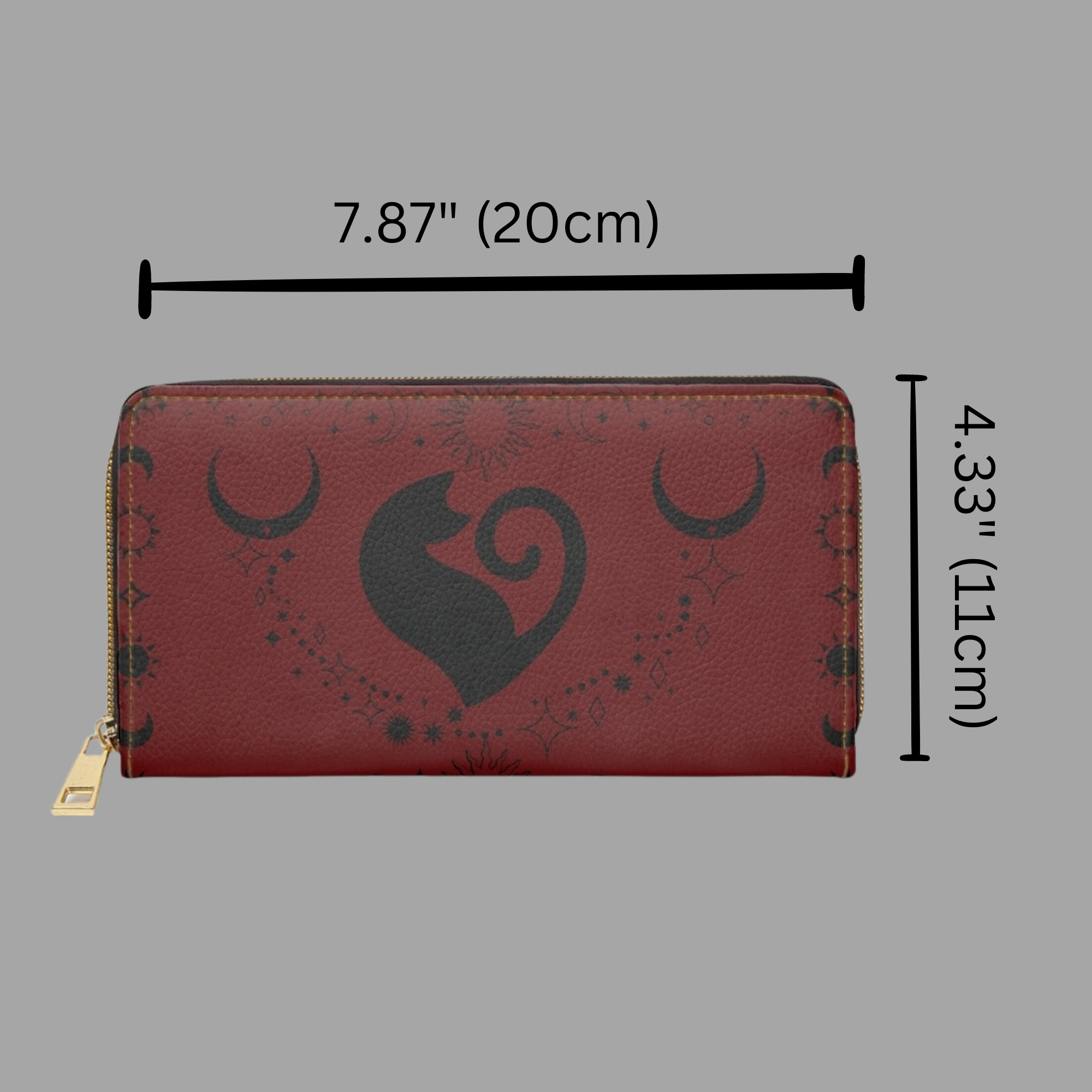 Gothic Celestial Cat Heart Wallet | Crimson Moon Faux Leather Zipper Clutch