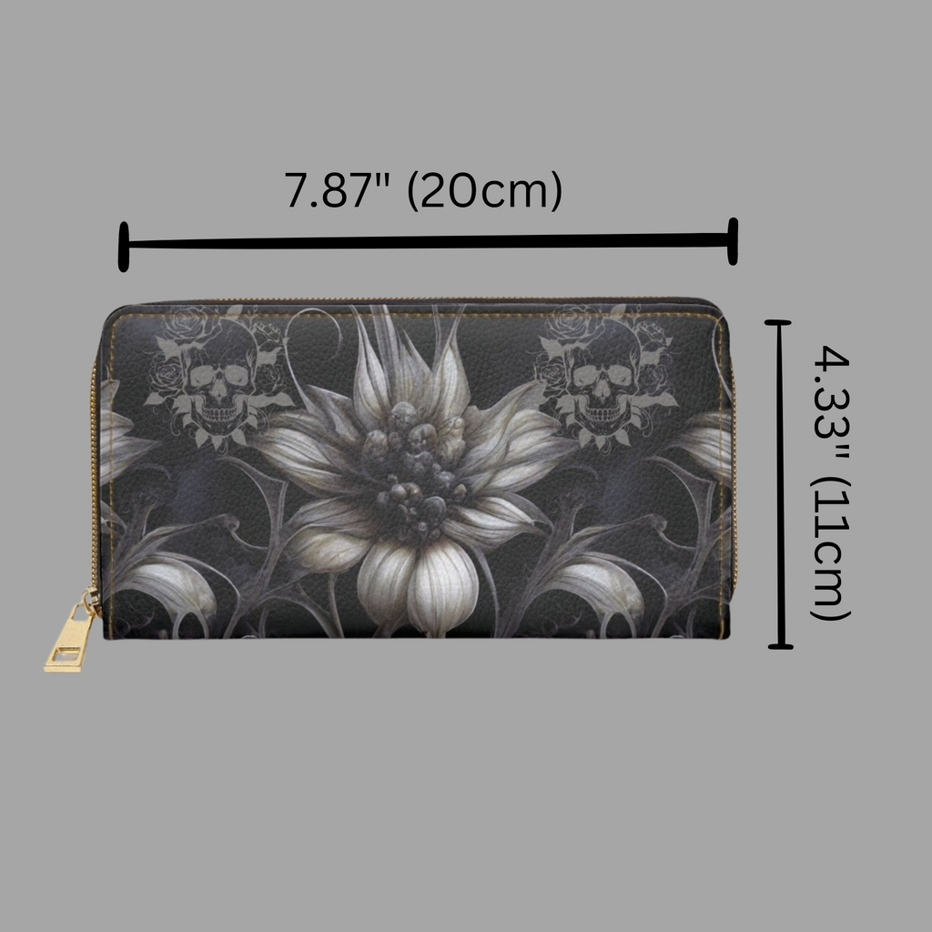 Gothic Botanical Dahlia Skull Wallet | Dark Floral Faux Leather Zipper Clutch