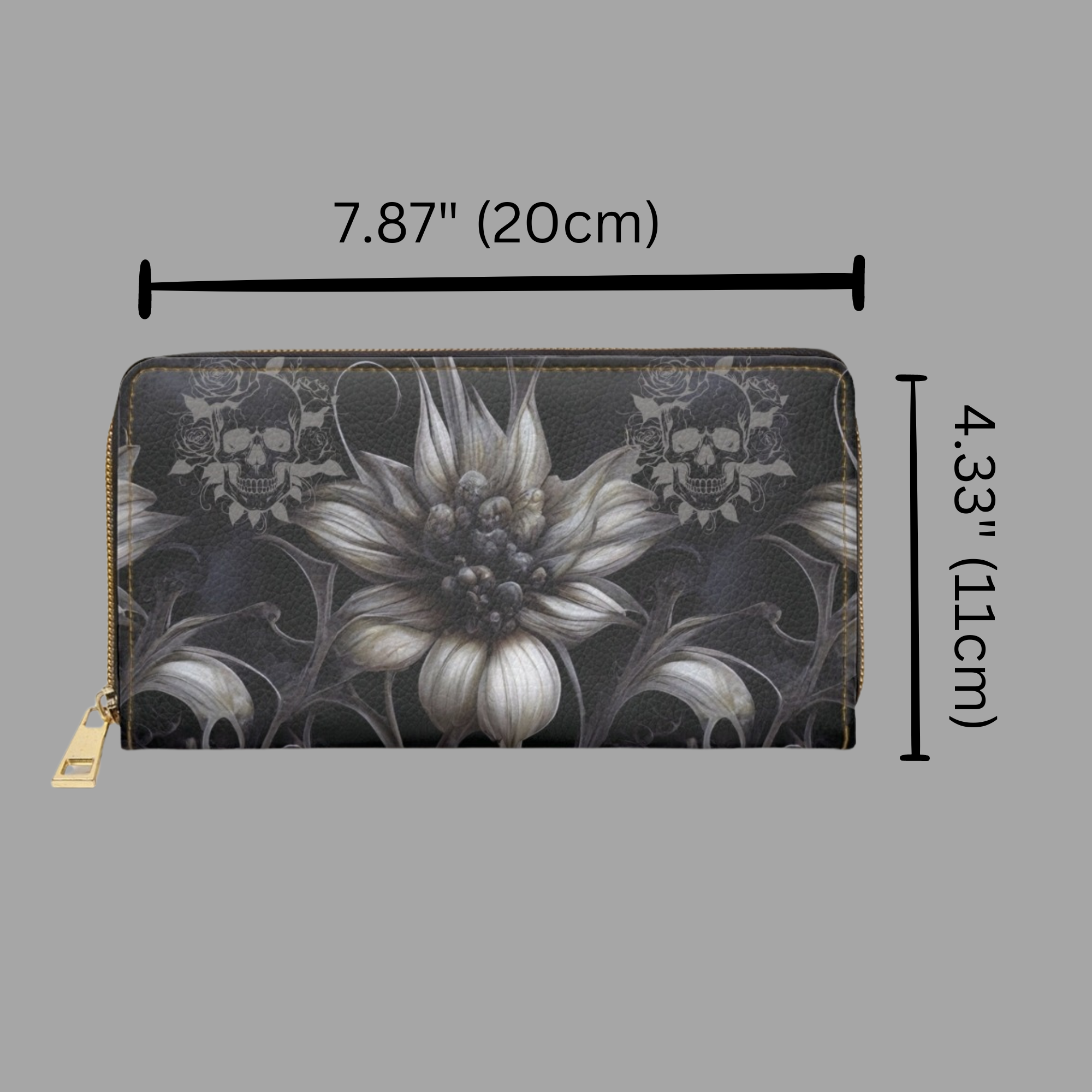 Gothic Botanical Dahlia Skull Wallet | Dark Floral Faux Leather Zipper Clutch