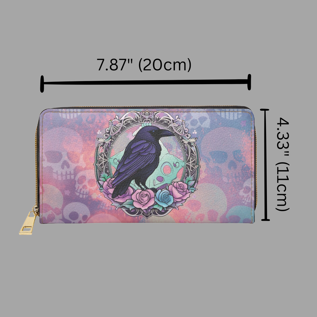 Pastel Goth Raven & Skull Wallet | Gothic Rose Faux Leather Zipper Clutch