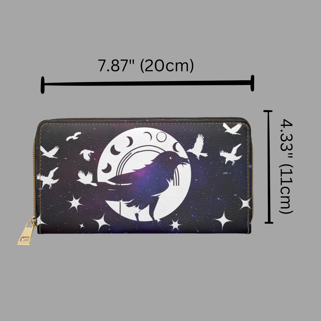 Gothic Celestial Raven Moon Wallet | Witchy Faux Leather Zipper Clutch