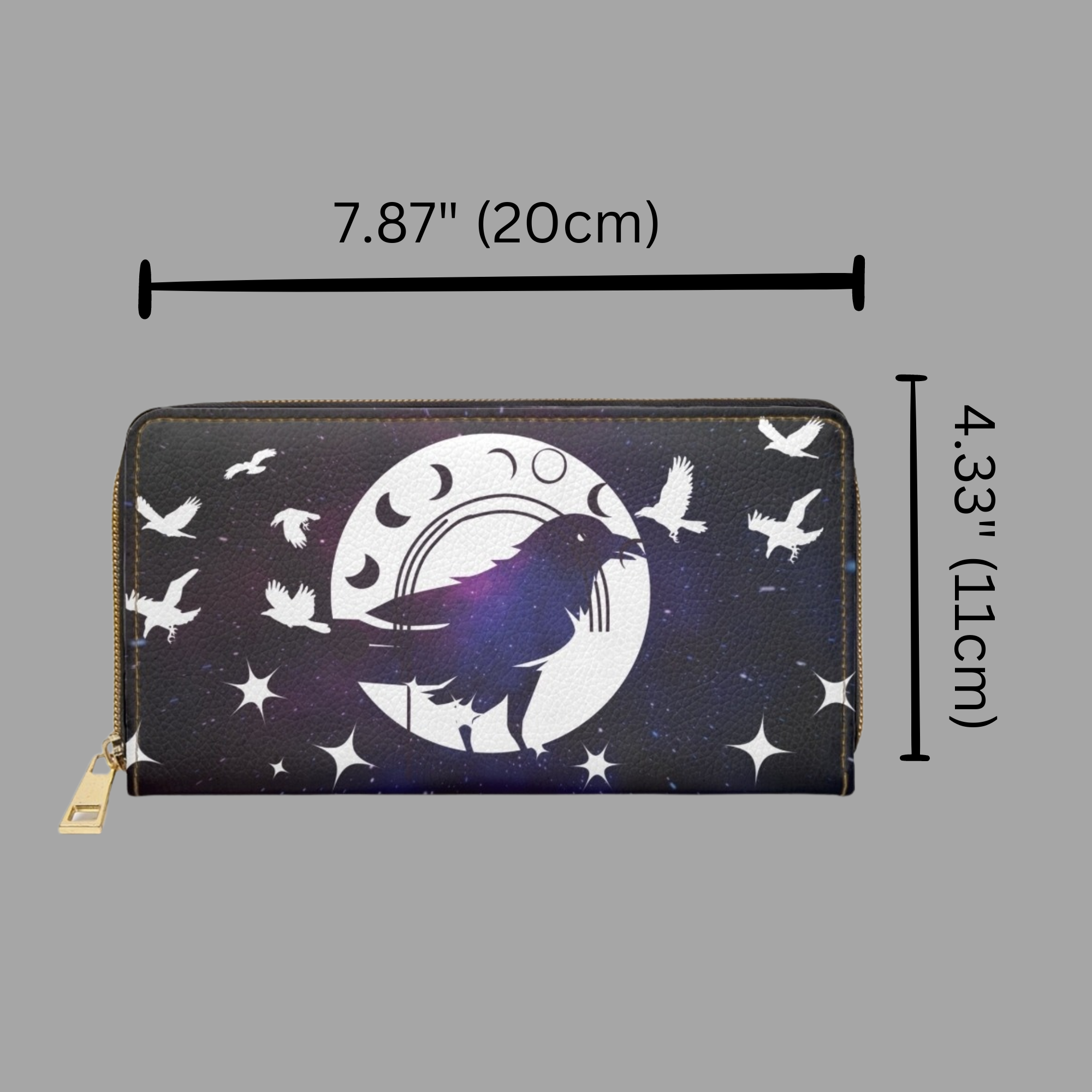 Gothic Celestial Raven Moon Wallet | Witchy Faux Leather Zipper Clutch