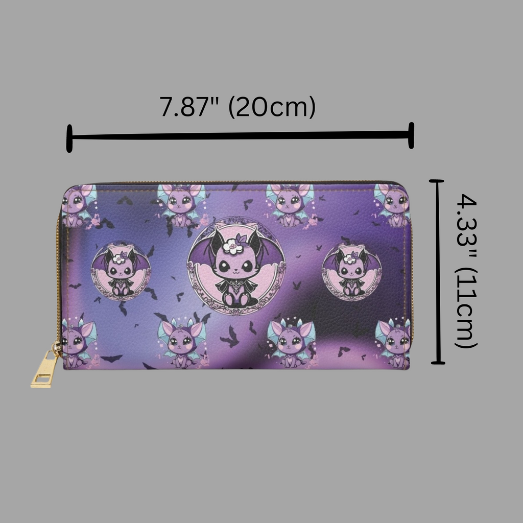 Pastel Goth Kawaii Bat Print Wallet | Purple Faux Leather Zipper Clutch