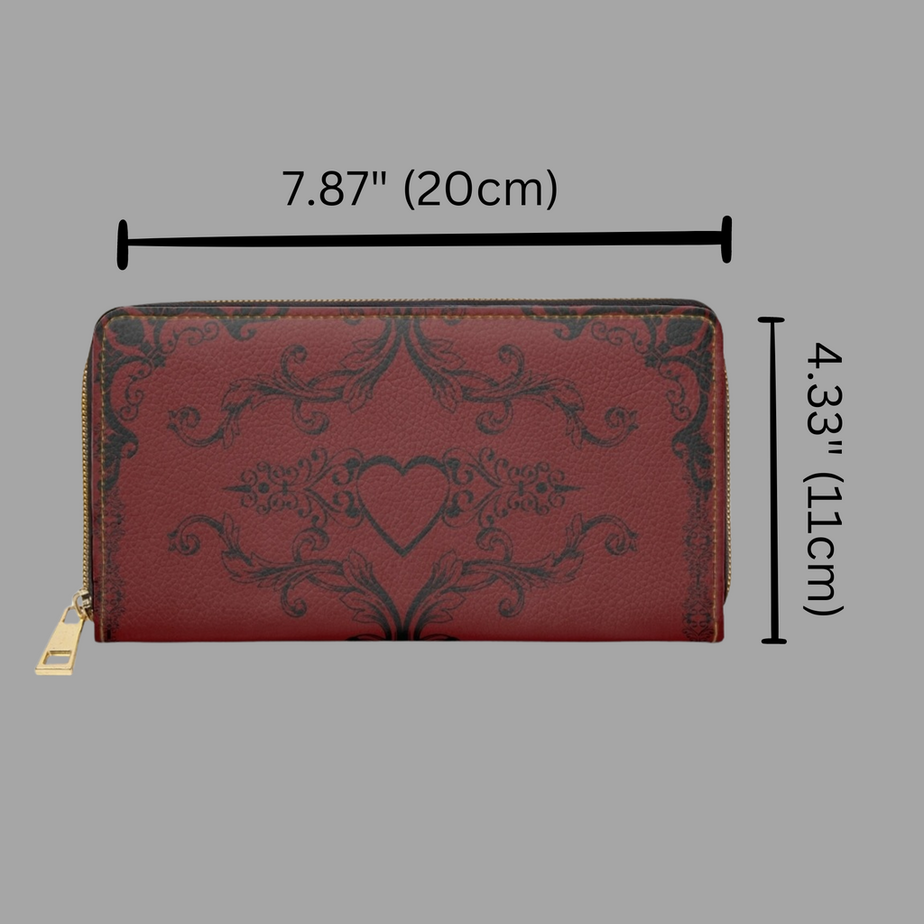 Dark Academia Gothic Heart Wallet | Crimson Floral Faux Leather Zipper Clutch