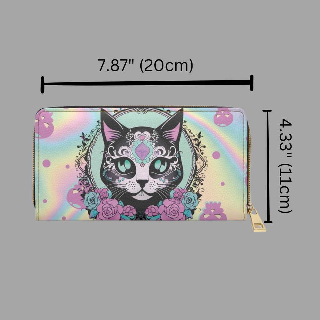 Pastel Goth Sugar Skull Cat Wallet | Rainbow Holographic Faux Leather Zipper Clutch