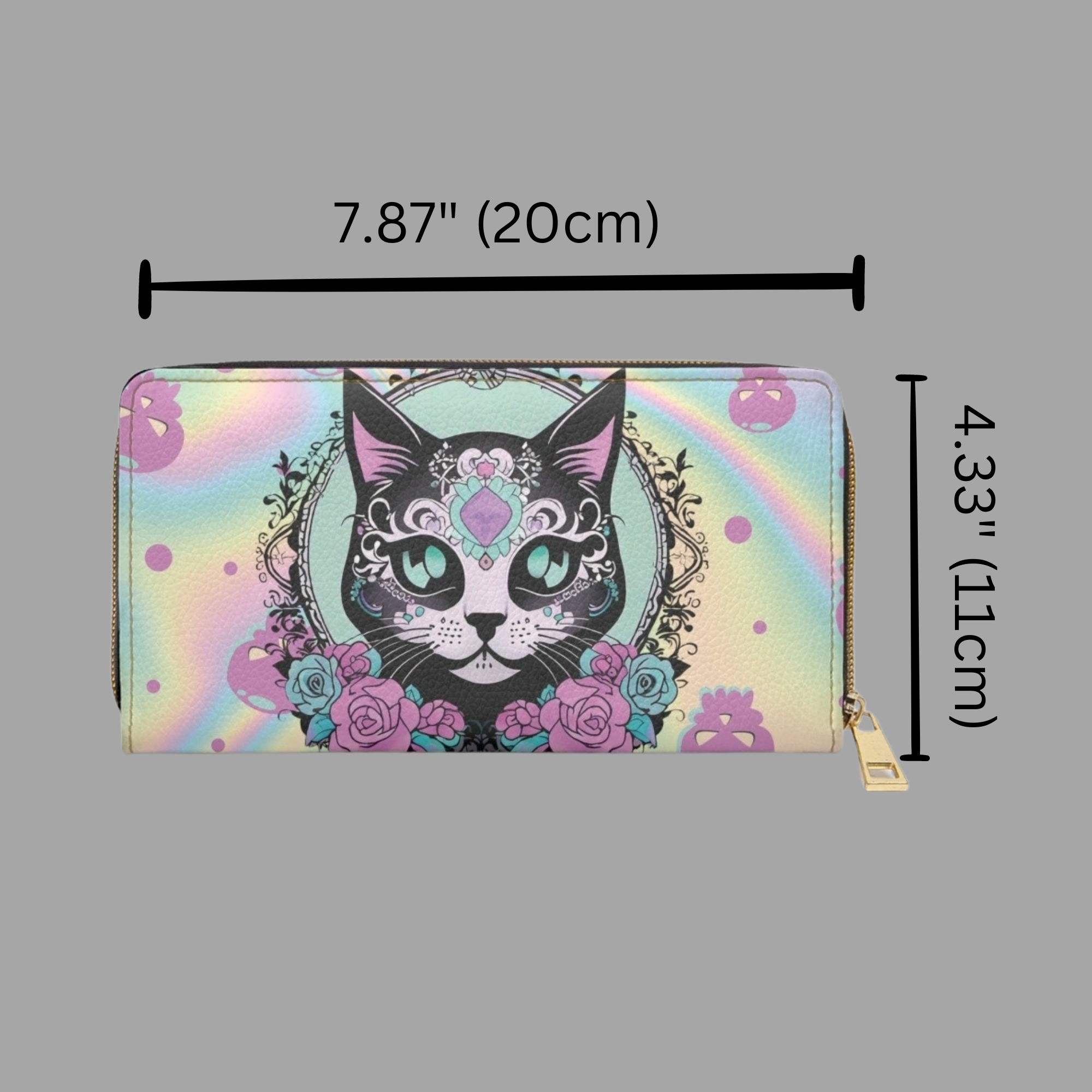 Pastel Goth Sugar Skull Cat Wallet | Rainbow Holographic Faux Leather Zipper Clutch