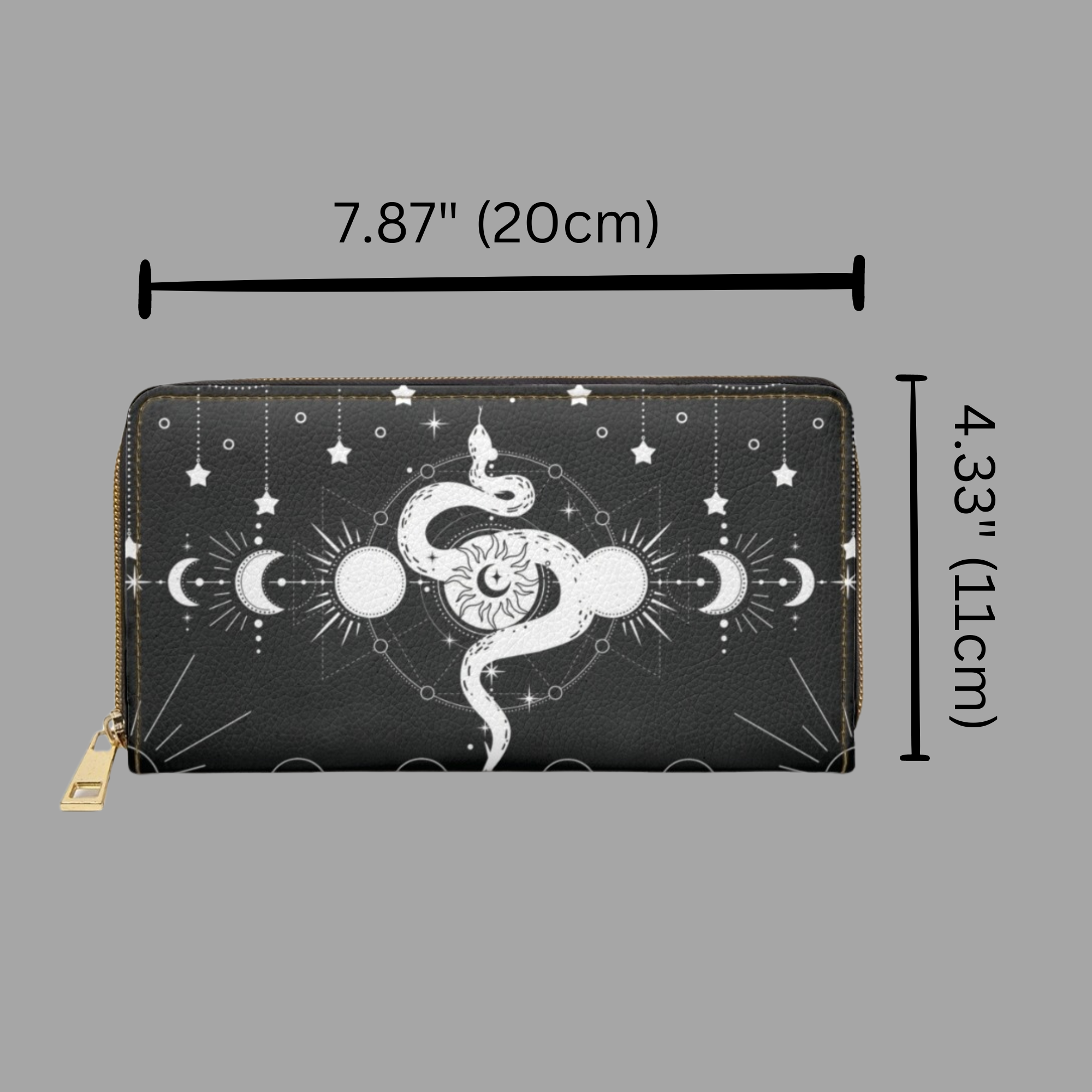 Gothic Celestial Snake Moon Phase Wallet | Witchy Faux Leather Zipper Clutch