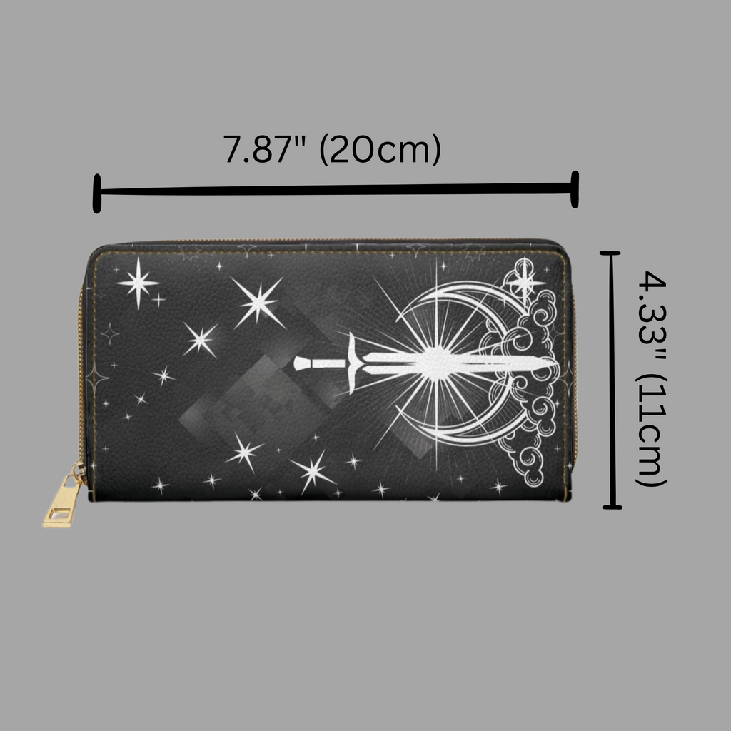 Gothic Celestial Sword Moon Wallet | Witchy Faux Leather Zipper Clutch