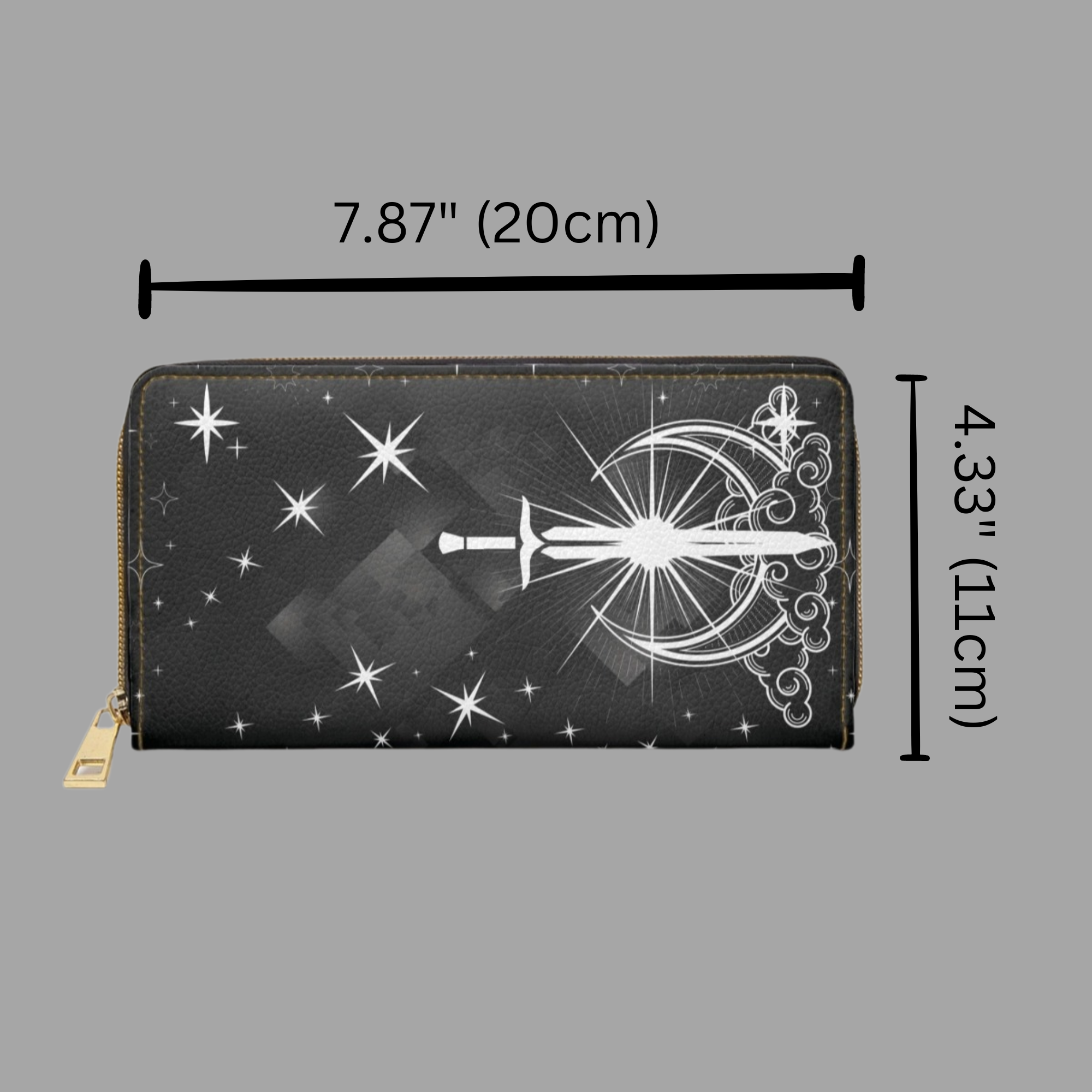 Gothic Celestial Sword Moon Wallet | Witchy Faux Leather Zipper Clutch
