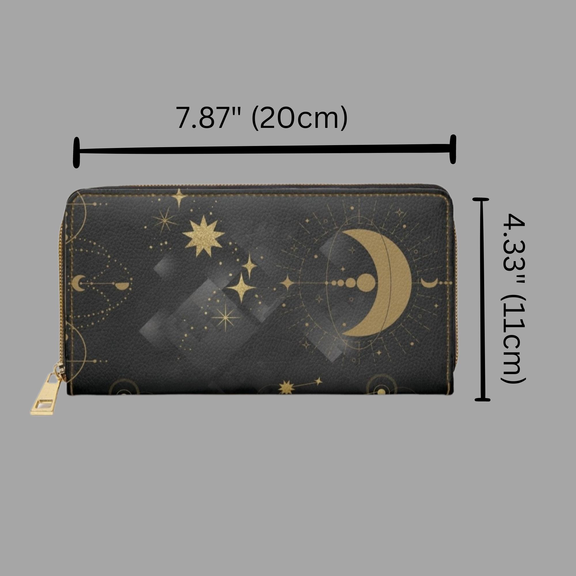 Gold Celestial Moon & Stars Wallet | Witchy Constellation Faux Leather Zipper Clutch