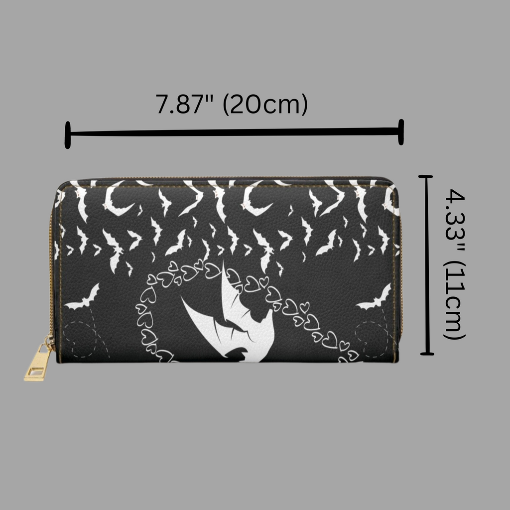 Gothic Bat & Heart Chain Wallet | Two-Sided Black & White Faux Leather Zipper Clutch