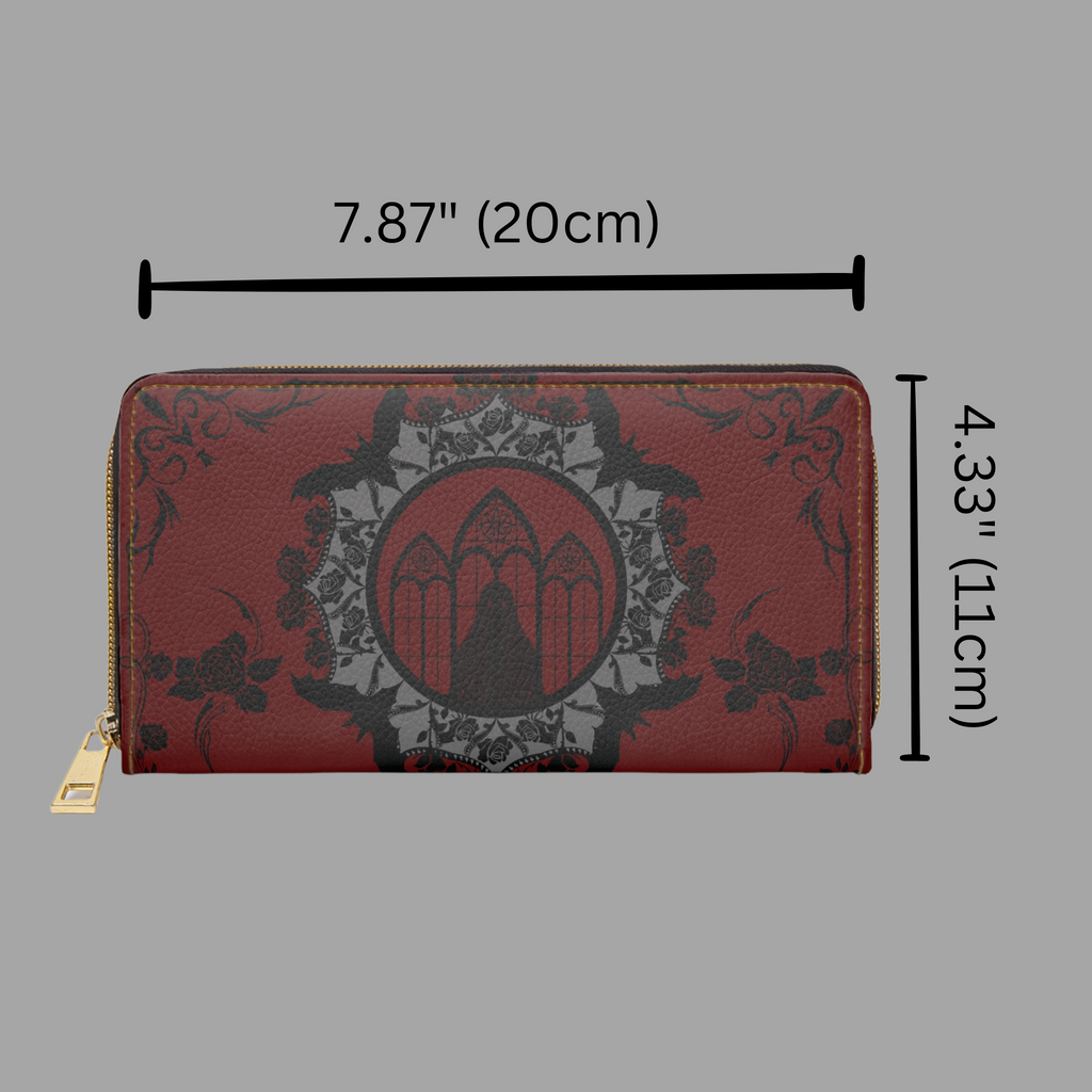Gothic Cathedral Bat Mandala Wallet | Crimson Rose Faux Leather Zipper Clutch