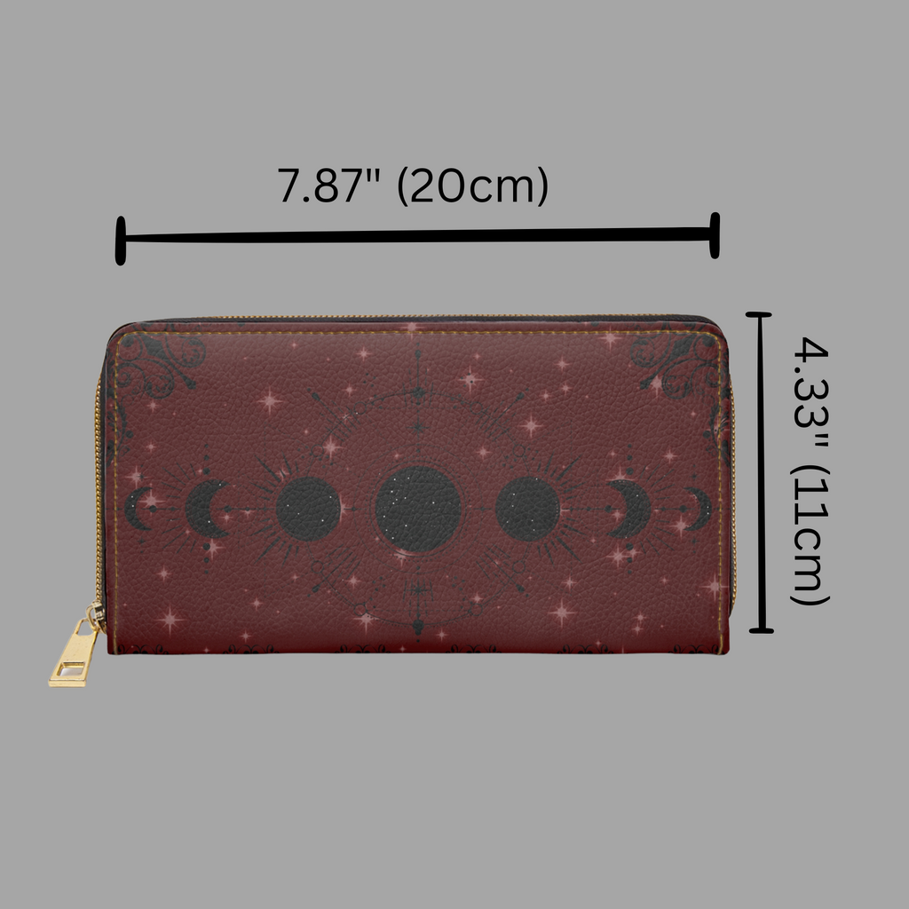 Gothic Gem Tone Moon Phase Wallet | Amethyst Ruby Emerald Faux Leather Zipper Clutch