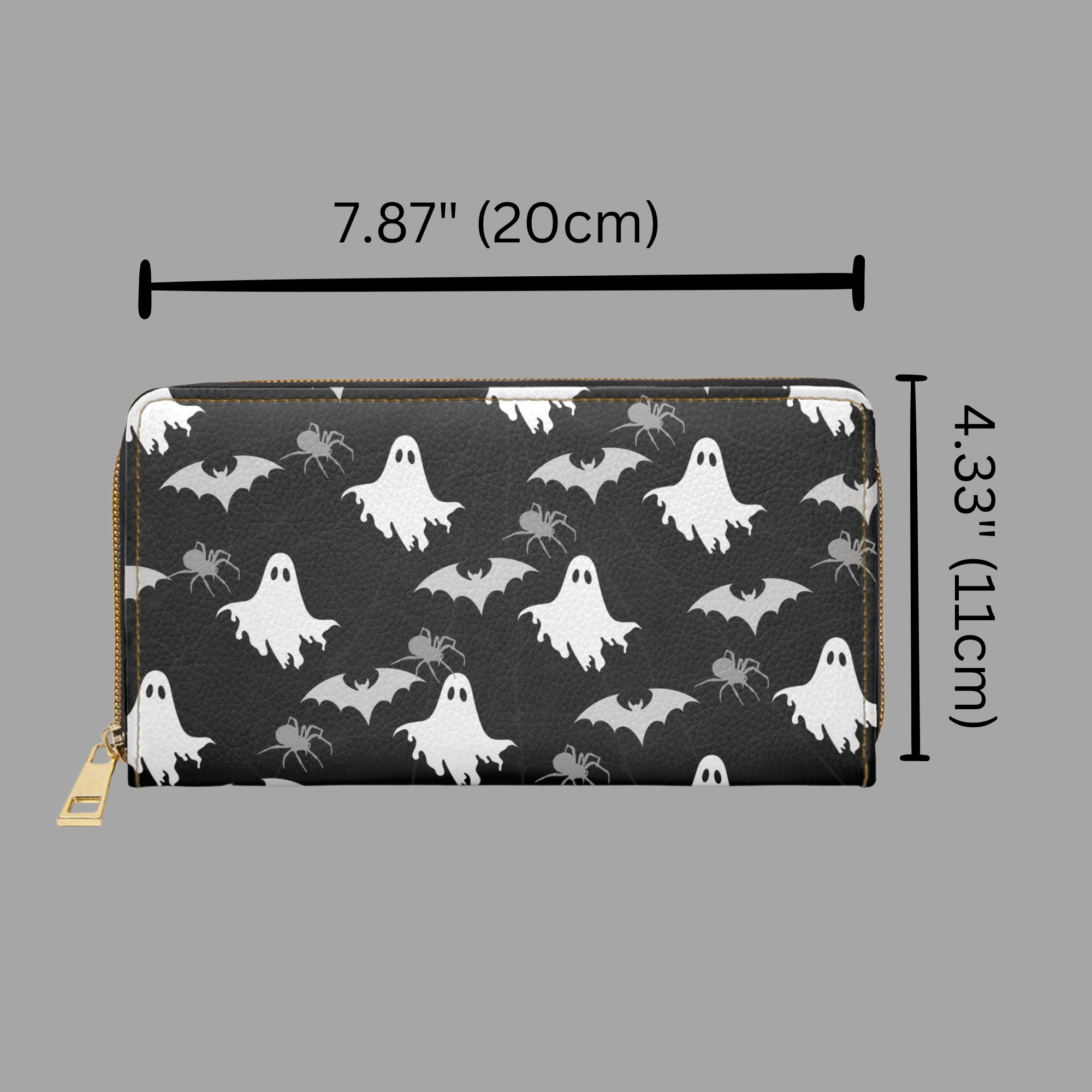 Gothic Ghost Bat & Spider Wallet | Spooky Print Faux Leather Zipper Clutch