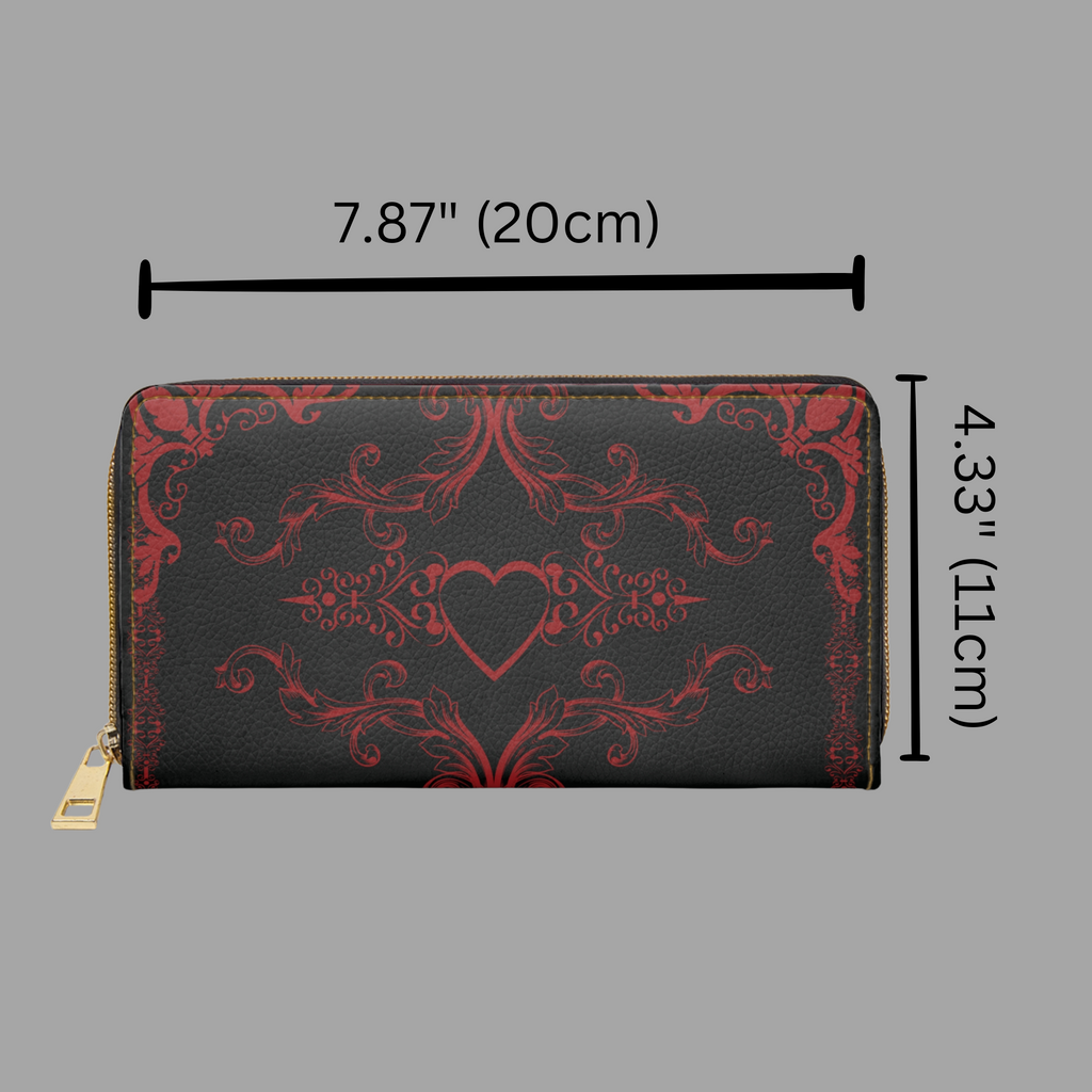 Gothic Dark Romance Heart Wallet | Red Floral Scrollwork Faux Leather Zipper Clutch