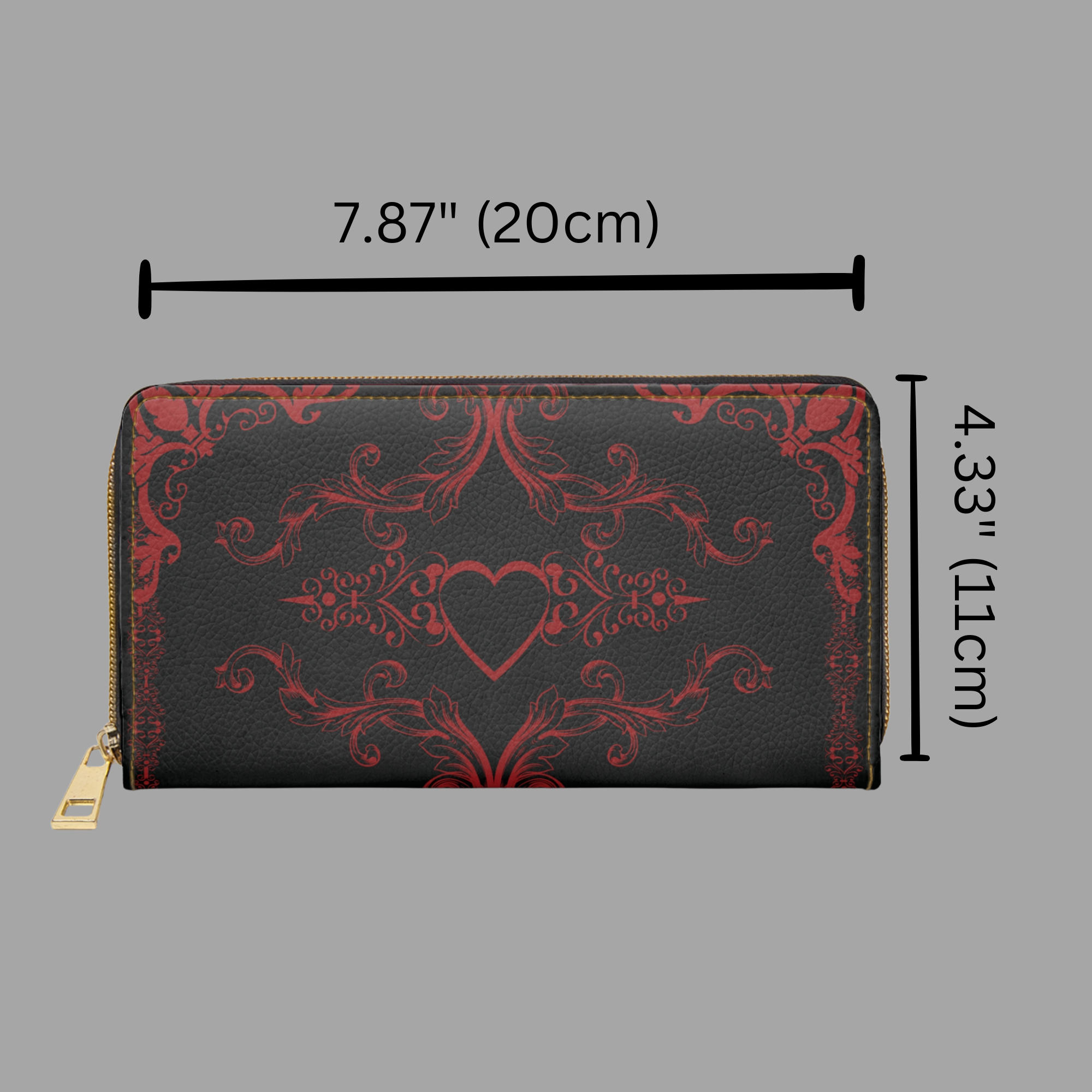 Gothic Dark Romance Heart Wallet | Red Floral Scrollwork Faux Leather Zipper Clutch