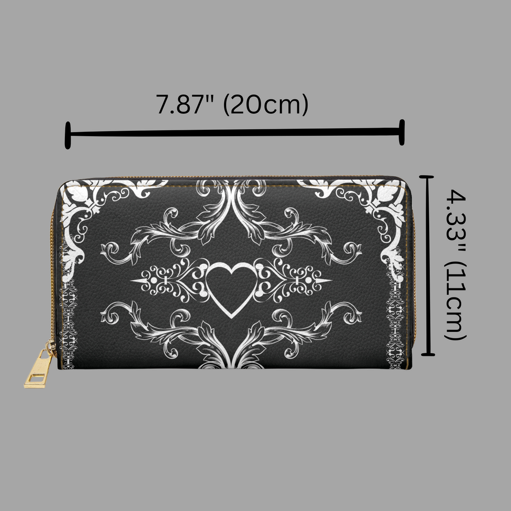 Gothic Floral Heart Wallet | Black & White Scrollwork Faux Leather Zipper Clutch