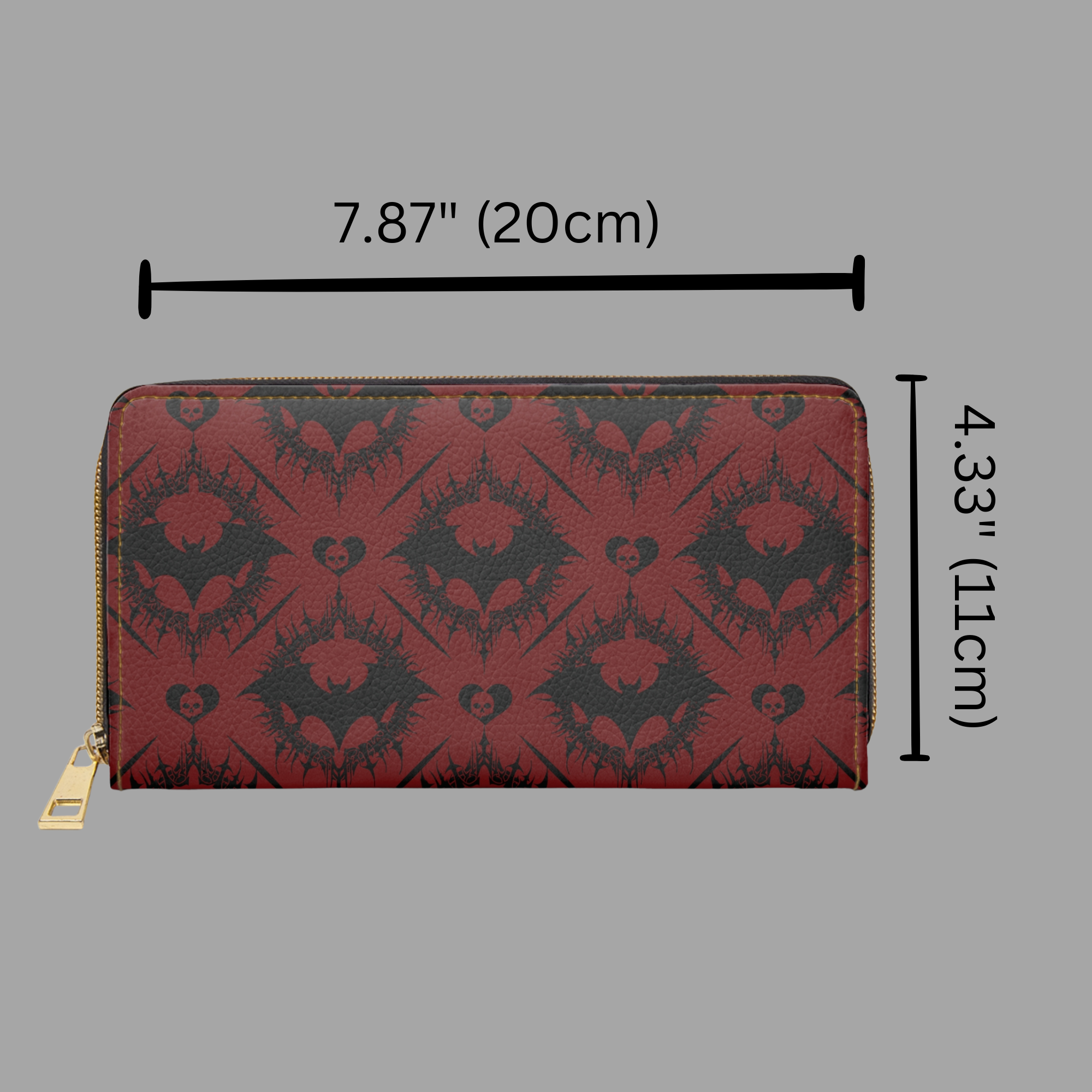 Scarlet Gothic Bat Pattern Wallet | Red & Black Damask Faux Leather Zipper Clutch