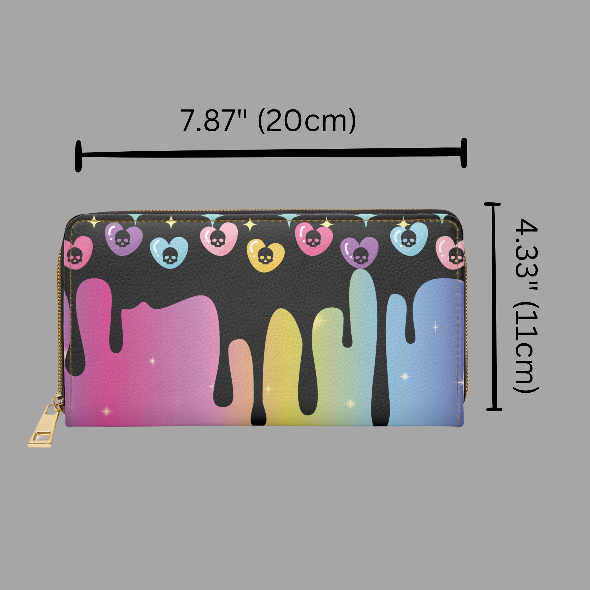 Pastel Goth Rainbow Drip Skull Heart Wallet | Colorful Faux Leather Zipper Clutch