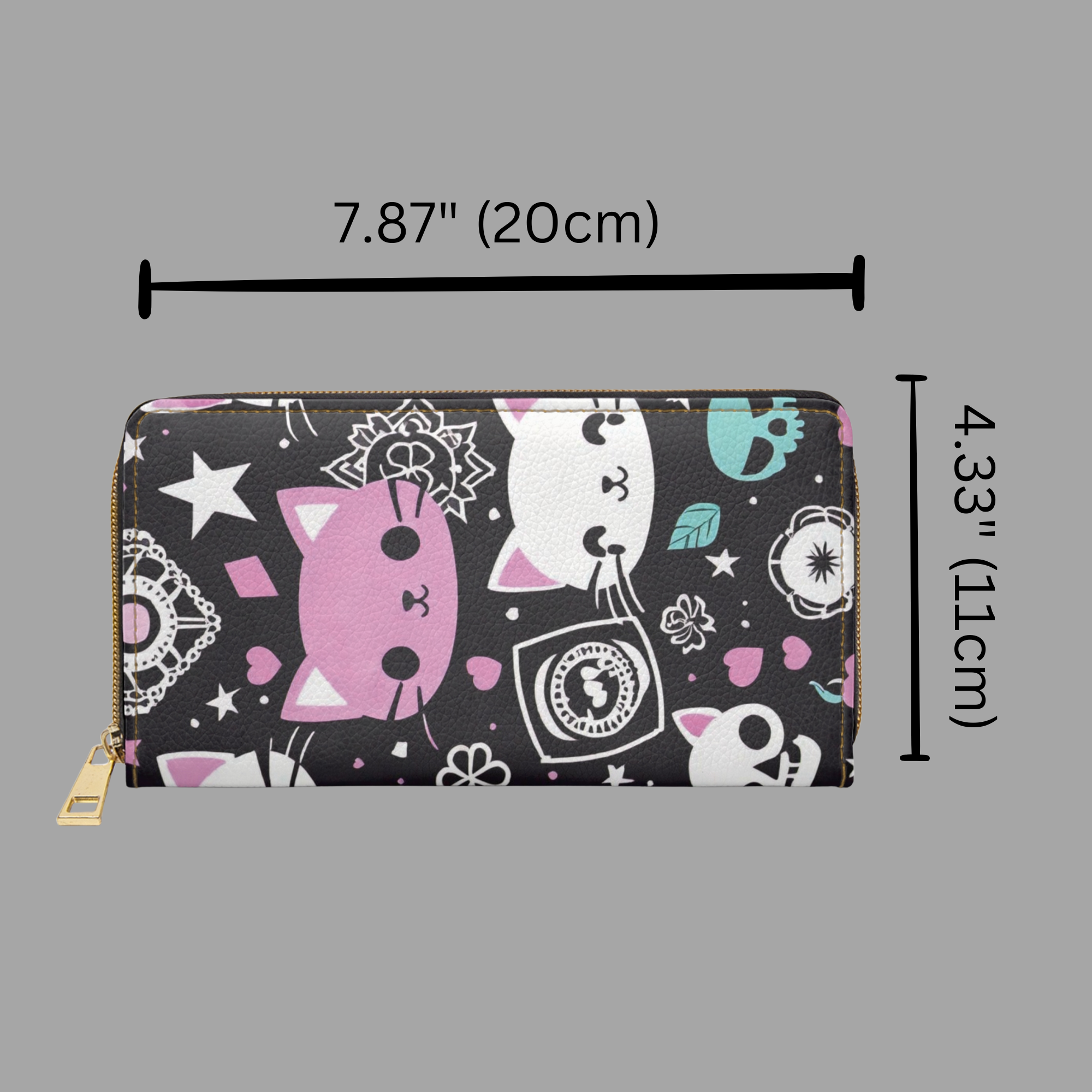 Pastel Goth Kawaii Cat Wallet | Pink & Black Faux Leather Zipper Clutch