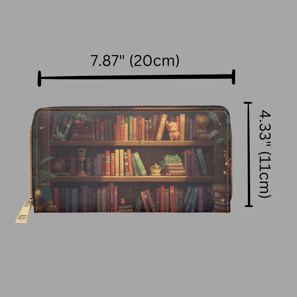 Whimsical Bookcase Wallet | Book Lover Dark Academia Faux Leather Zipper Clutch