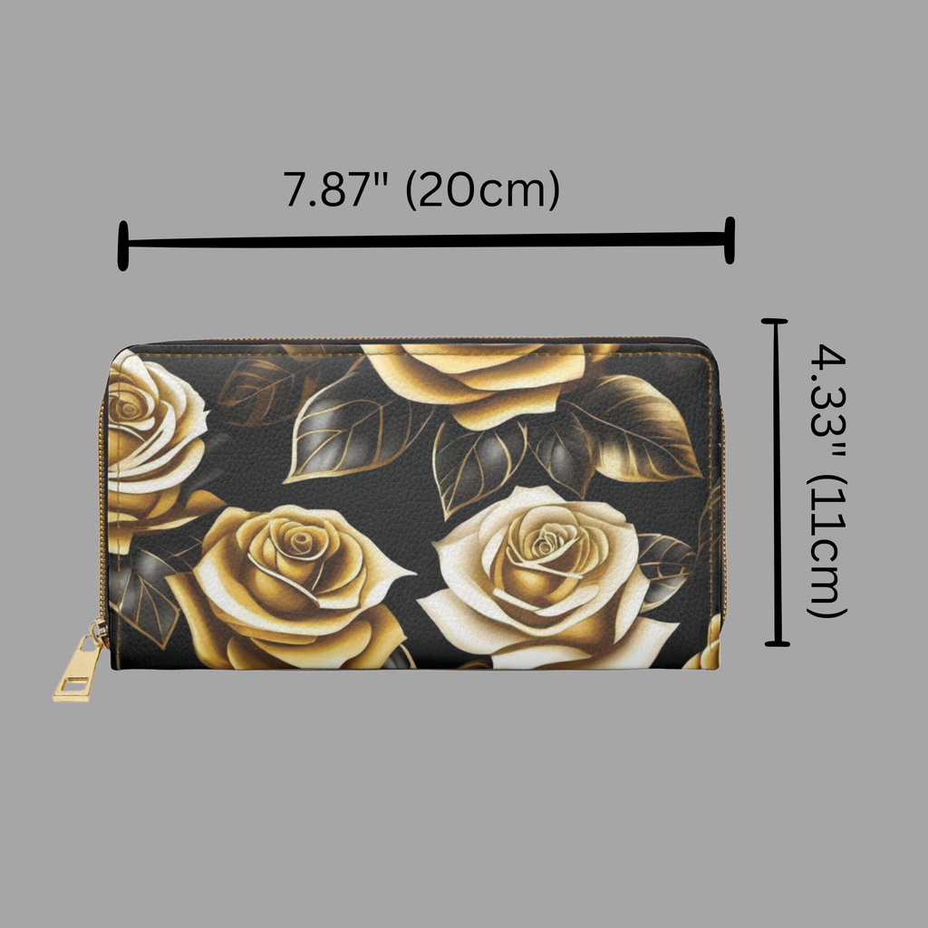 Gothic Black & Gold Rose Wallet | Elegant Floral Faux Leather Zipper Clutch