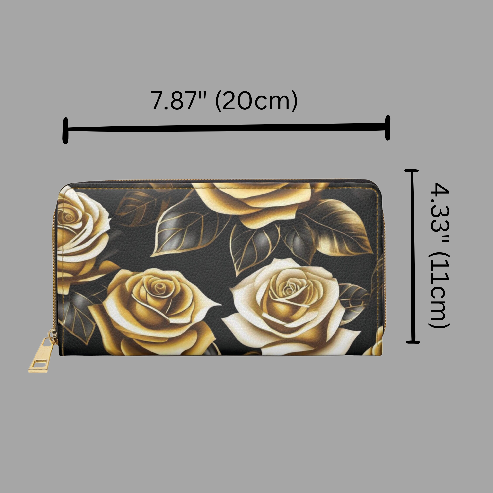 Gothic Black & Gold Rose Wallet | Elegant Floral Faux Leather Zipper Clutch