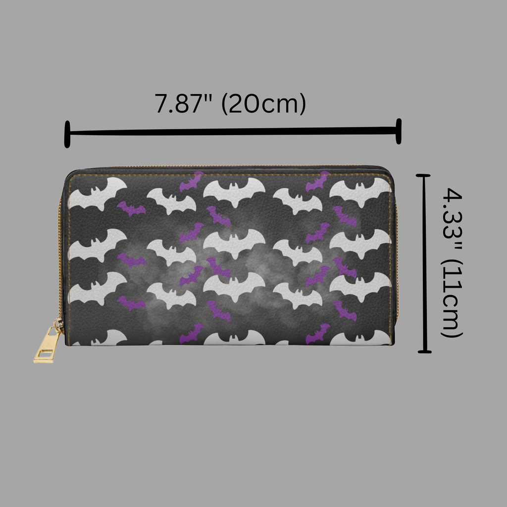 Gothic Bat Print Wallet | White & Purple Bat Pattern Faux Leather Zipper Clutch