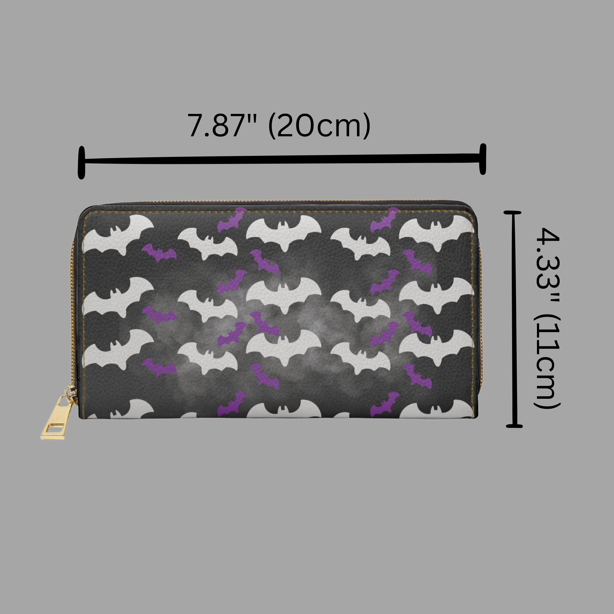 Gothic Bat Print Wallet | White & Purple Bat Pattern Faux Leather Zipper Clutch