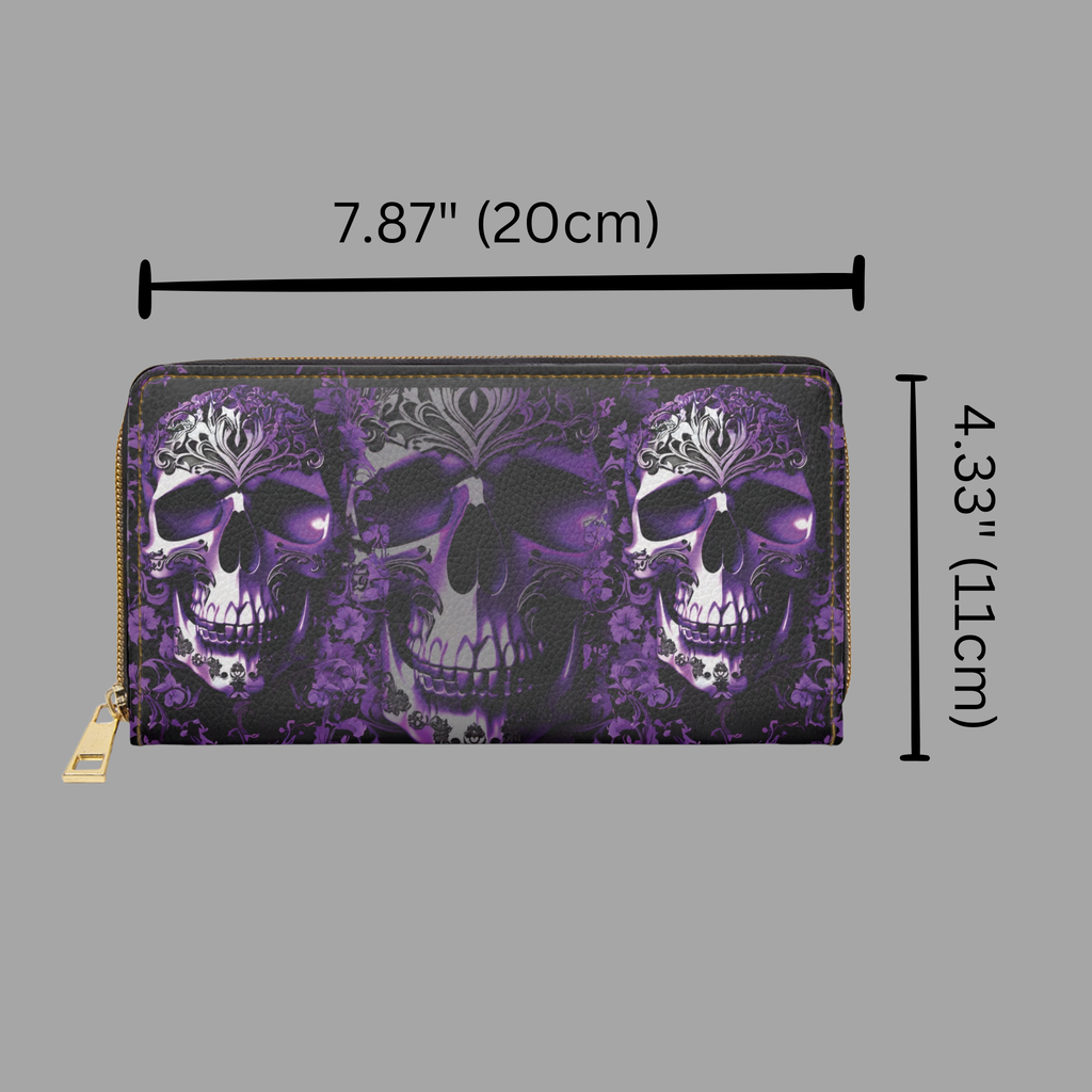 Gothic Purple Skull Floral Wallet | Dark Academia Faux Leather Zipper Clutch