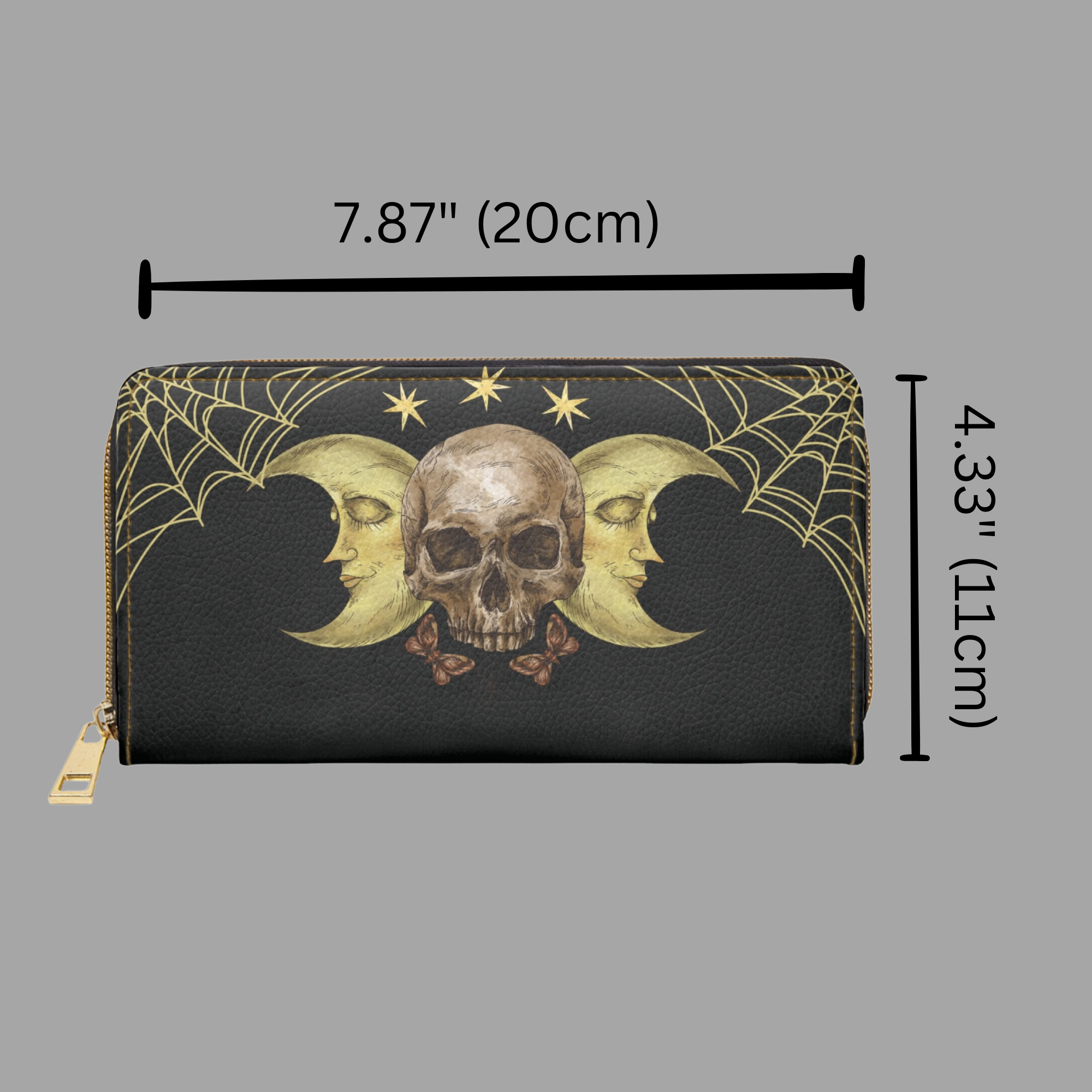 Gothic Triple Moon Skull Wallet | Gold Spider Web Faux Leather Zipper Clutch