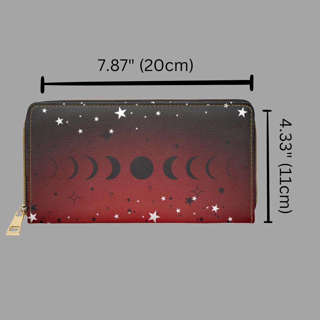 Gothic Moon Phase Wallet | Crimson Dark Academia Faux Leather Zipper Clutch