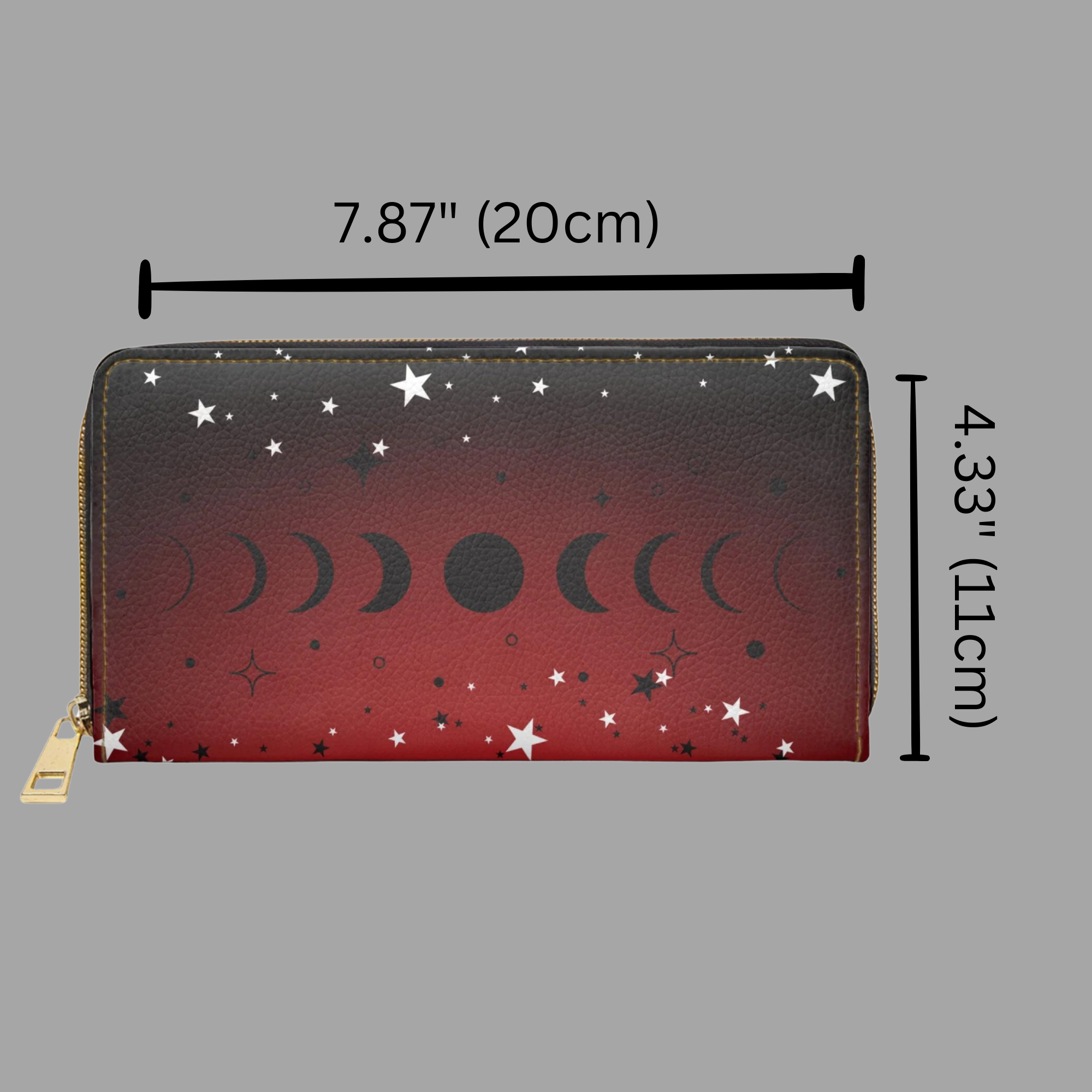 Gothic Moon Phase Wallet | Crimson Dark Academia Faux Leather Zipper Clutch