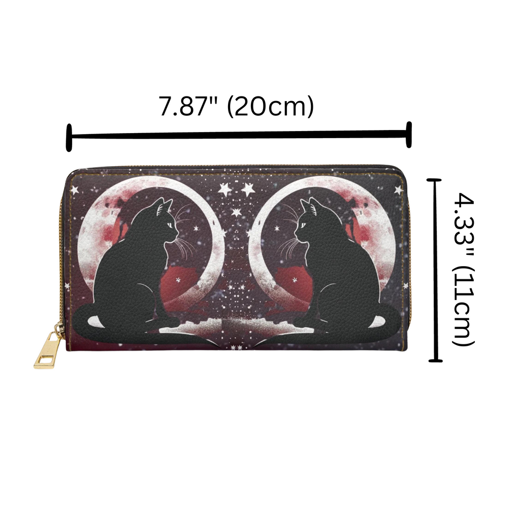 Gothic Twin Black Cat Moon Wallet | Dark Romance Faux Leather Zipper Clutch