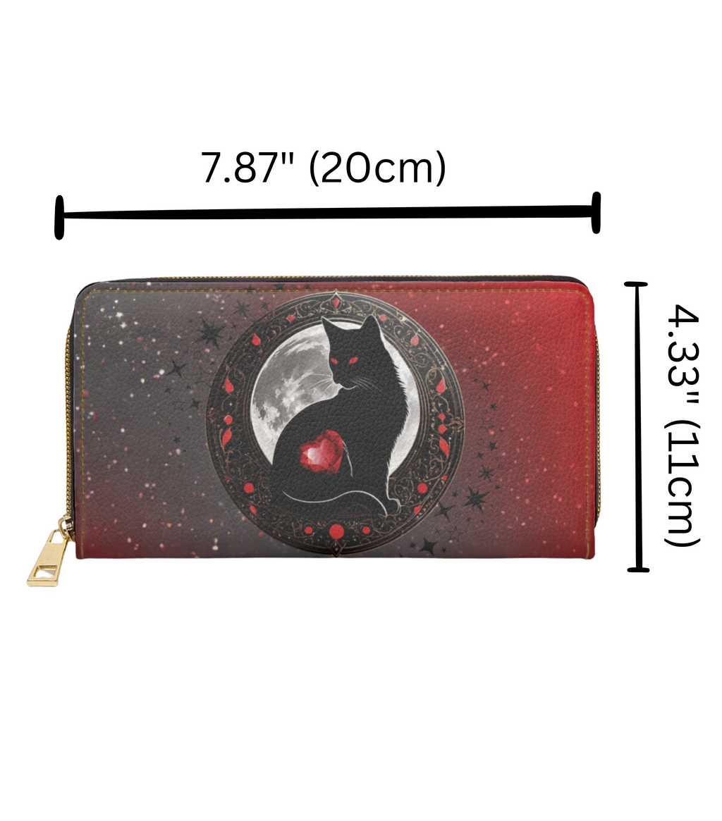 Gothic Black Cat Moon Wallet | Dark Academia Faux Leather Zipper Clutch