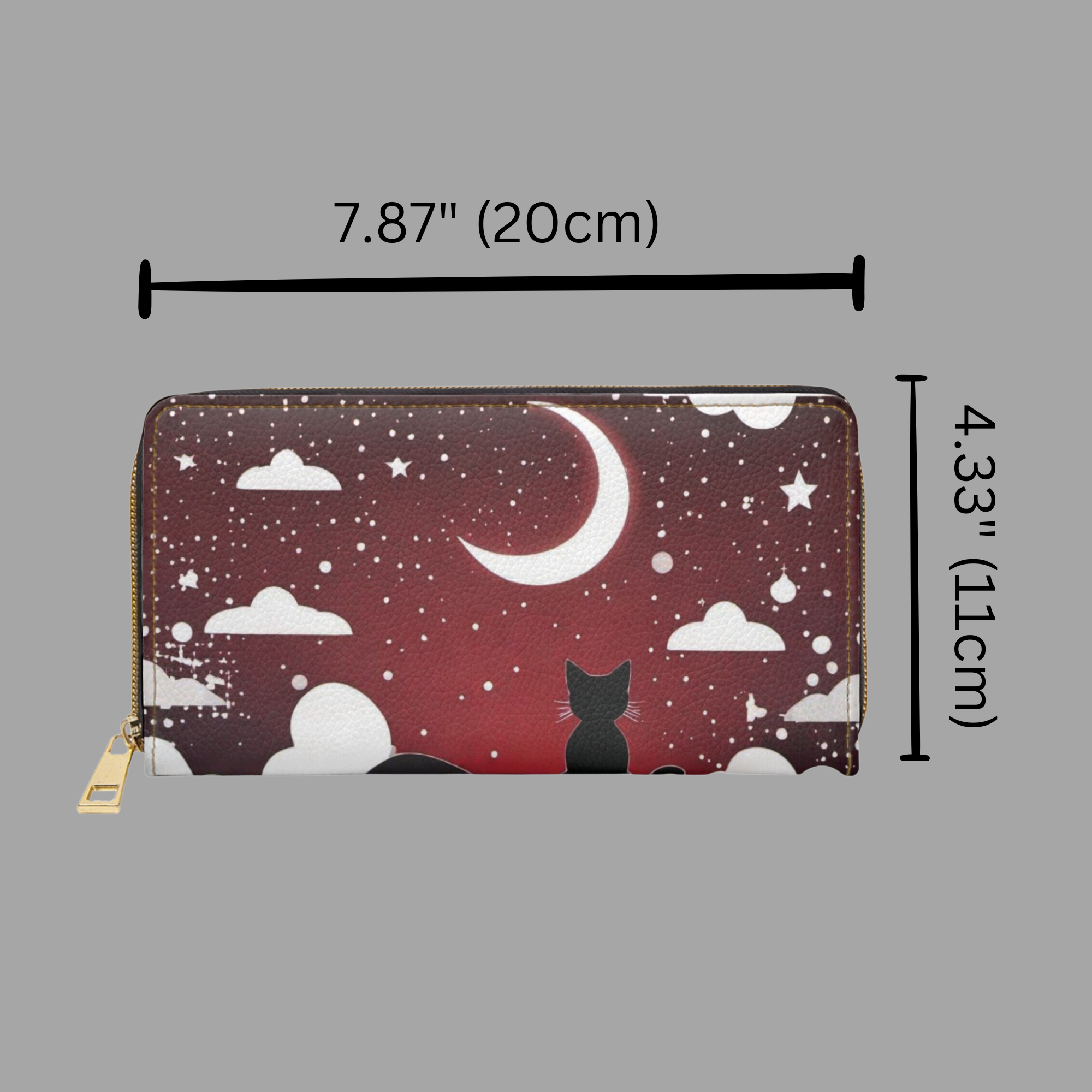 Gothic Black Cat Crescent Moon Wallet | Crimson Night Sky Faux Leather Zipper Clutch