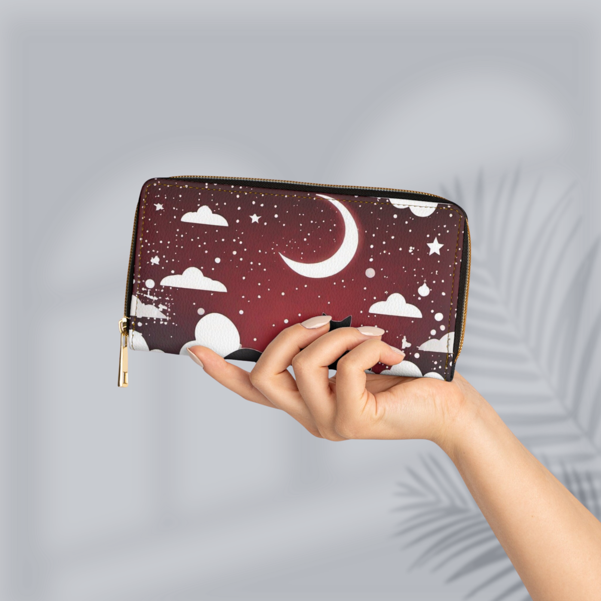 Gothic Black Cat Crescent Moon Wallet | Crimson Night Sky Faux Leather Zipper Clutch