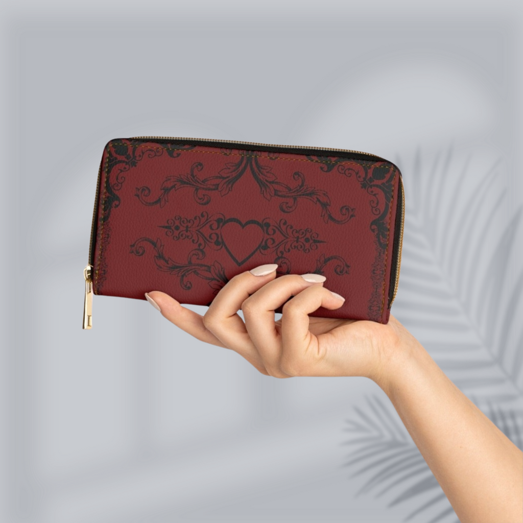 Dark Academia Gothic Heart Wallet | Crimson Floral Faux Leather Zipper Clutch