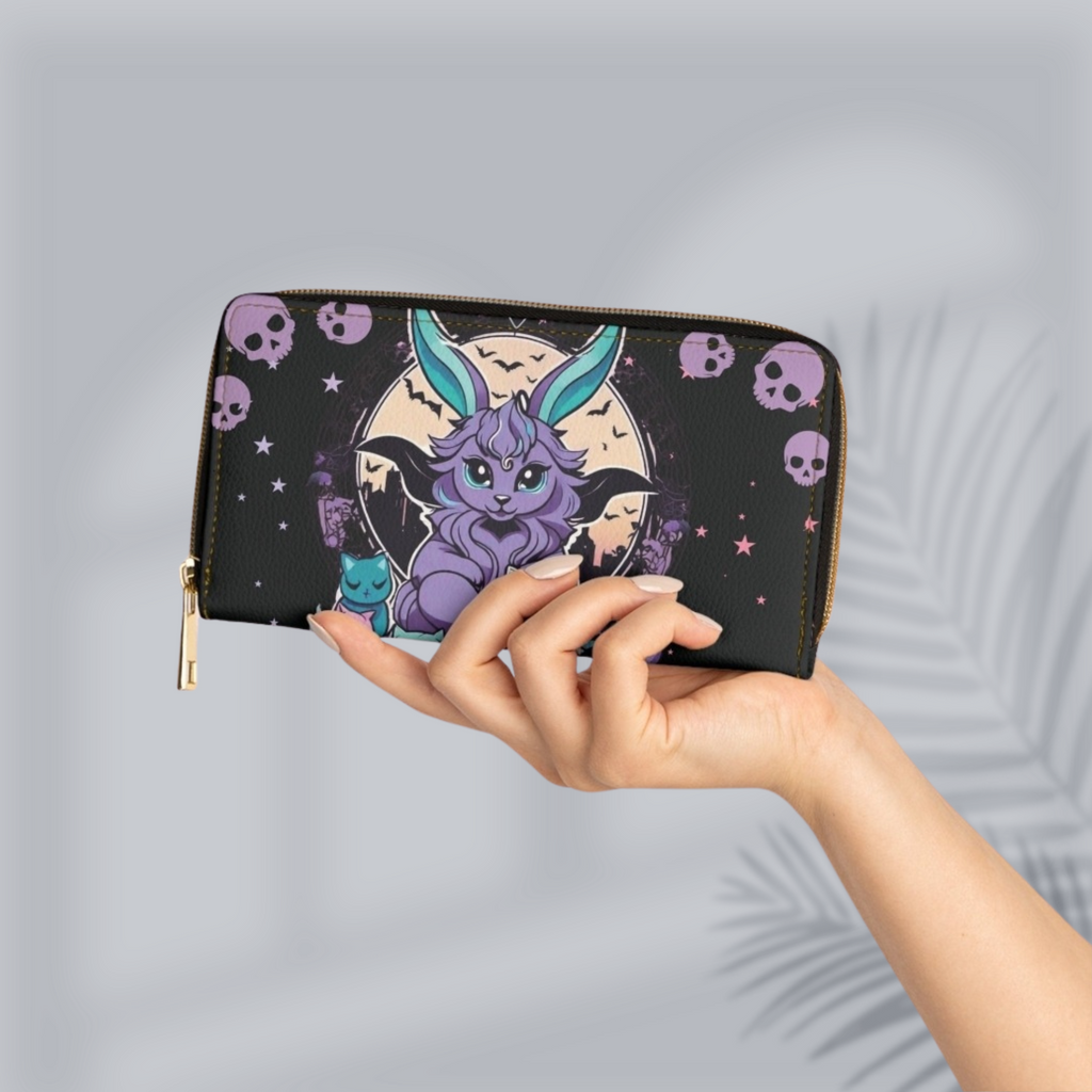 Pastel Goth Baphomet Wallet | Kawaii Skull Faux Leather Zipper Clutch